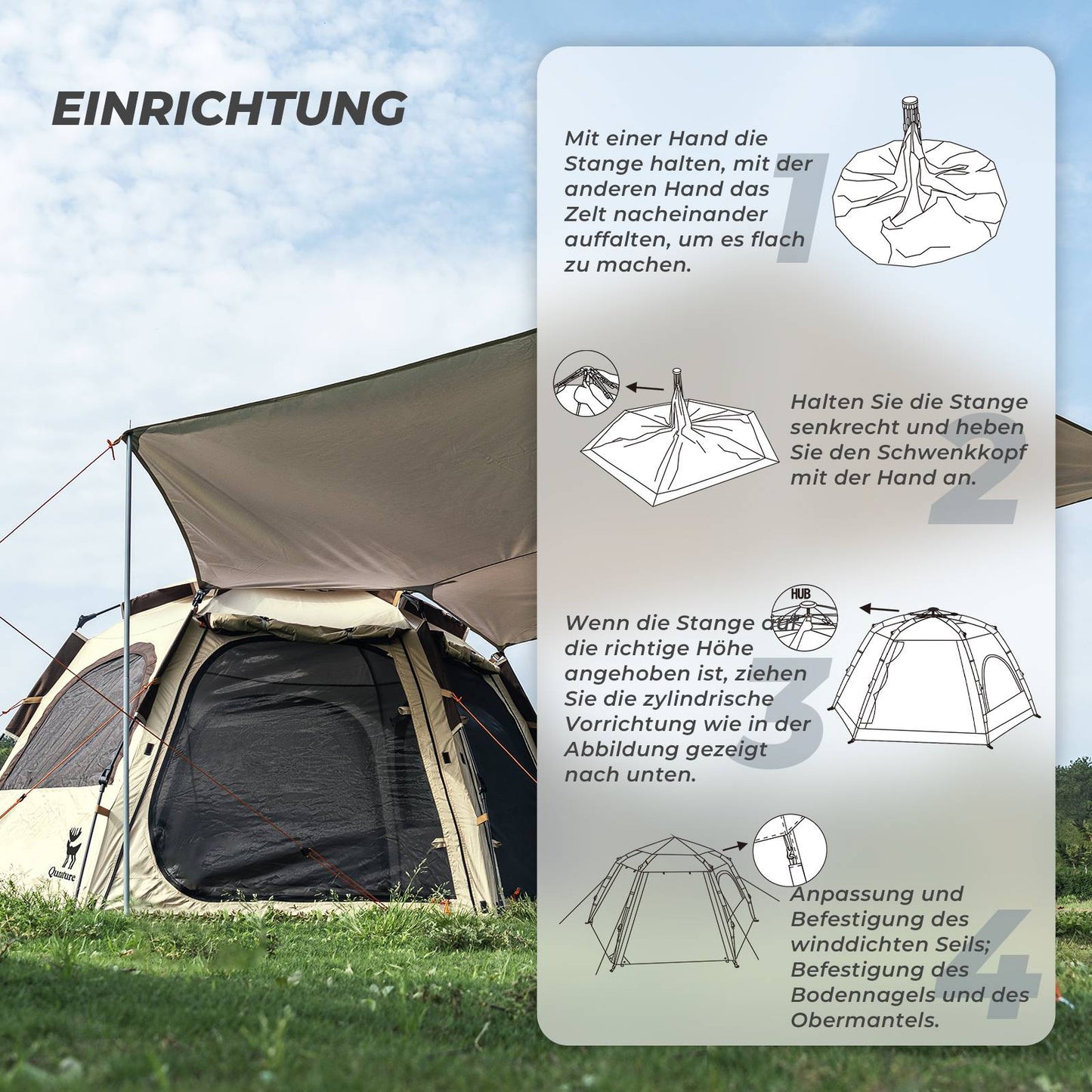 Qunature Pop-Up Campingzelt 2-4 Personen, Wasserdichtes Kuppelzelt