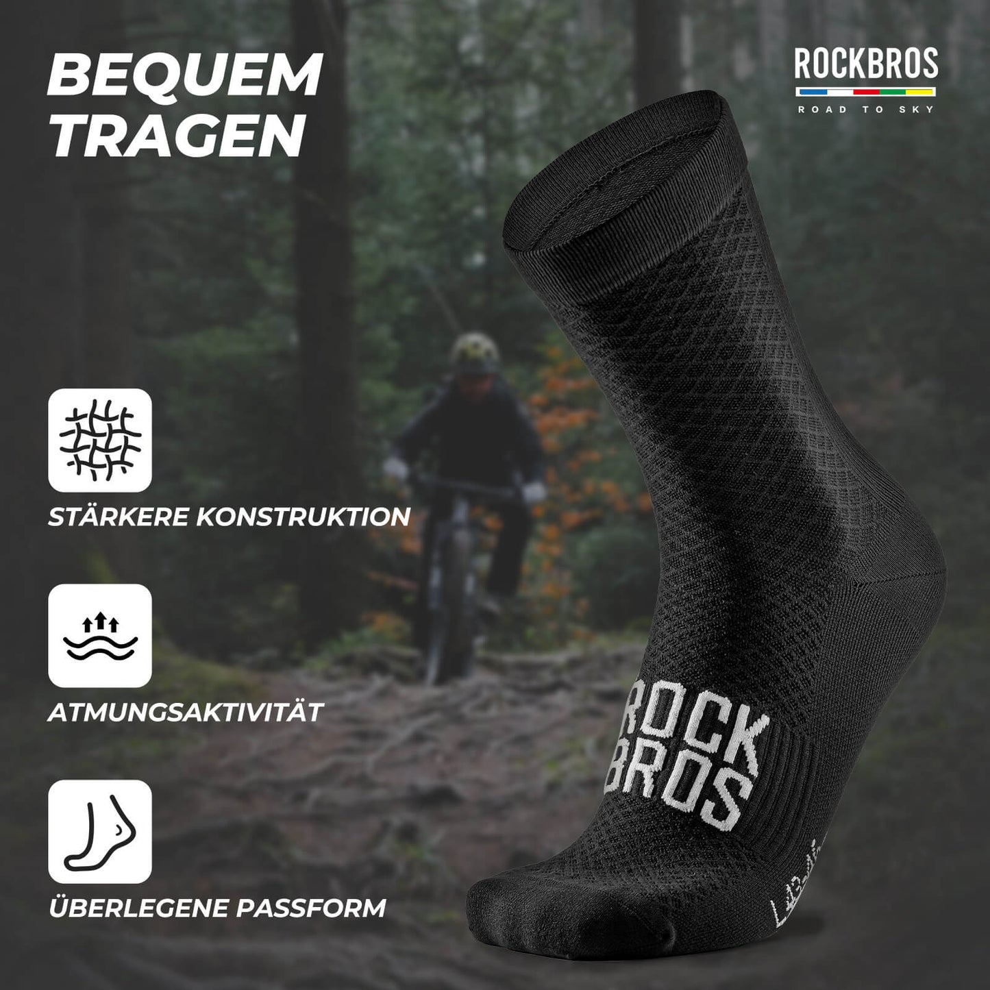ROAD TO SKY Sportsocken Baumwolle Atmungsaktive Laufsocken für MTB & Rennrad-Schwarz