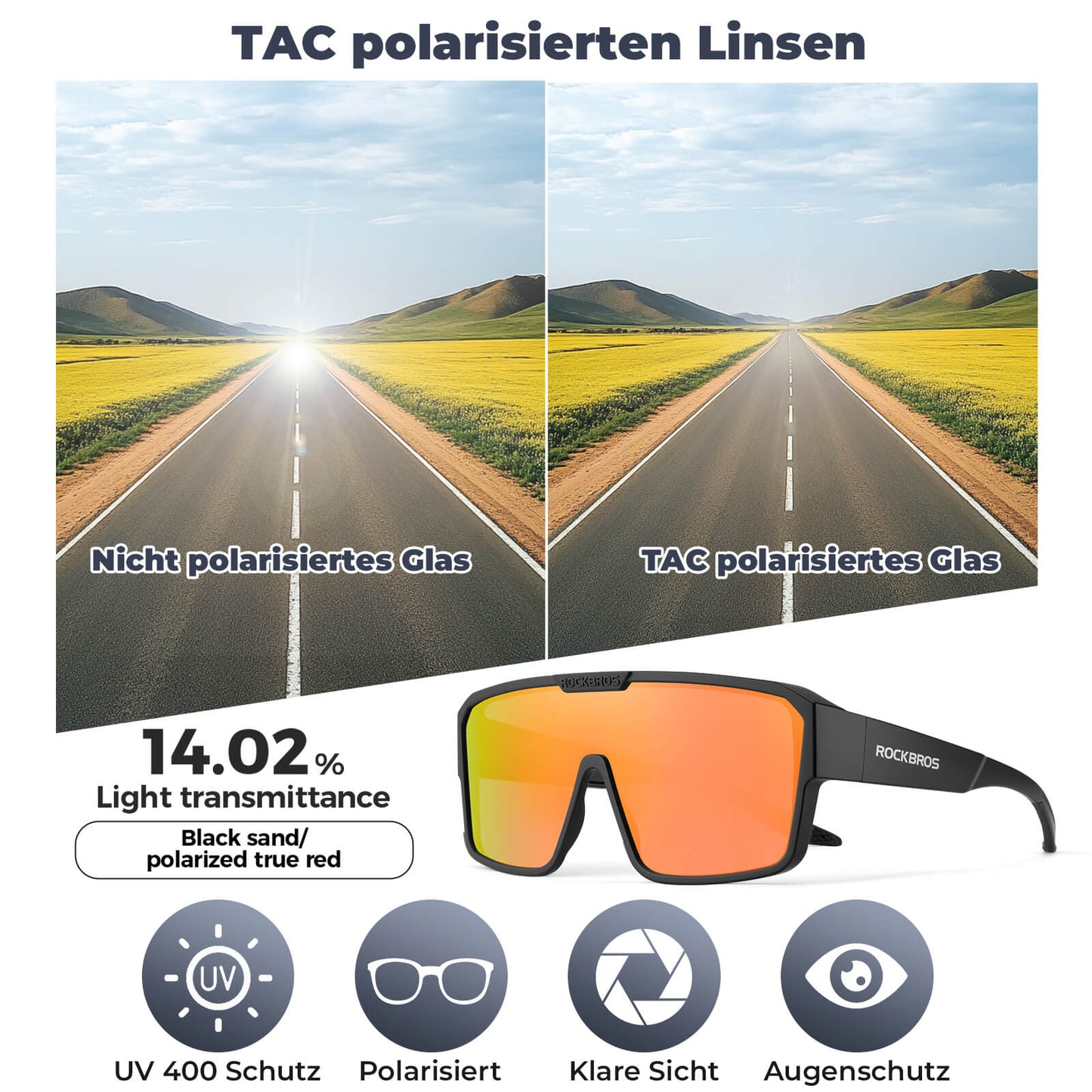 ROCKBROS Fahrradbrille Polarisiert Sportbrille Outdoor MTB Rennrad Sportbrille-Rot-Rahmen schwarz