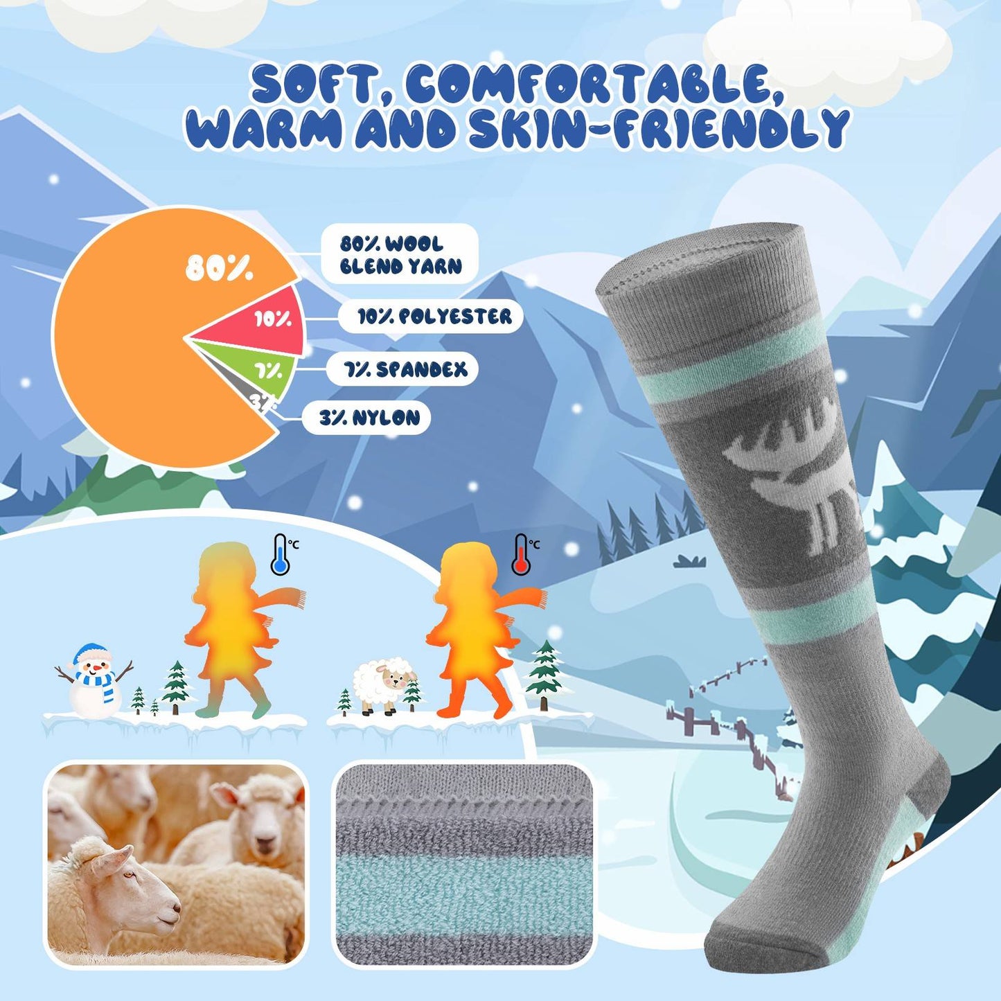 Qunature Kinde Wintersocken Ski Kniestr邦mpfe mit Wolle Skisocken #Color_Elchstil-Grau