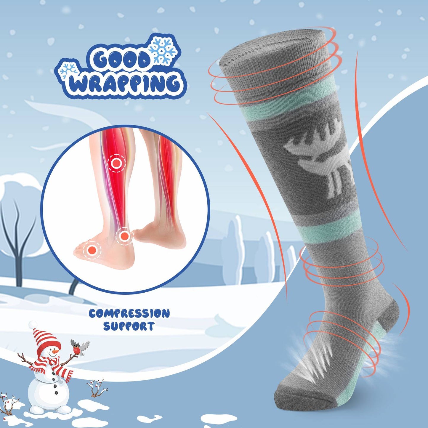 Qunature Kinde Wintersocken Ski Kniestr邦mpfe mit Wolle Skisocken #Color_Elchstil-Grau