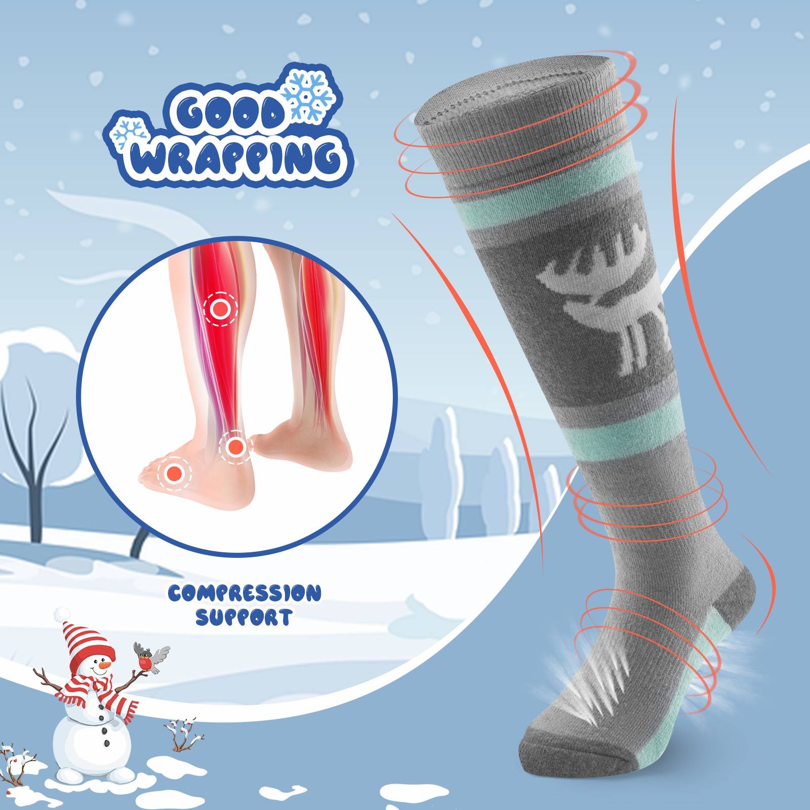 Qunature Kinde Wintersocken Ski Kniestr邦mpfe mit Wolle Skisocken #Color_Elchstil-Grau