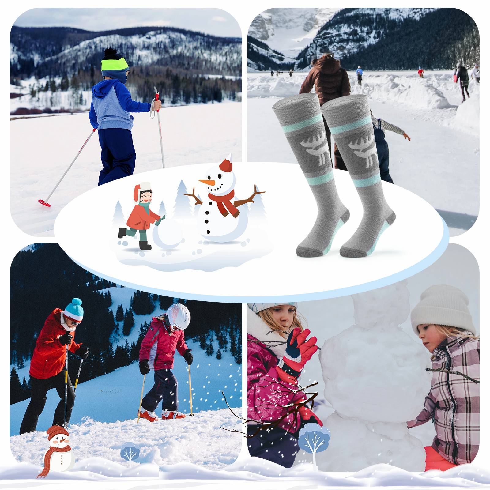 Qunature Kinde Wintersocken Ski Kniestr邦mpfe mit Wolle Skisocken #Color_Elchstil-Grau