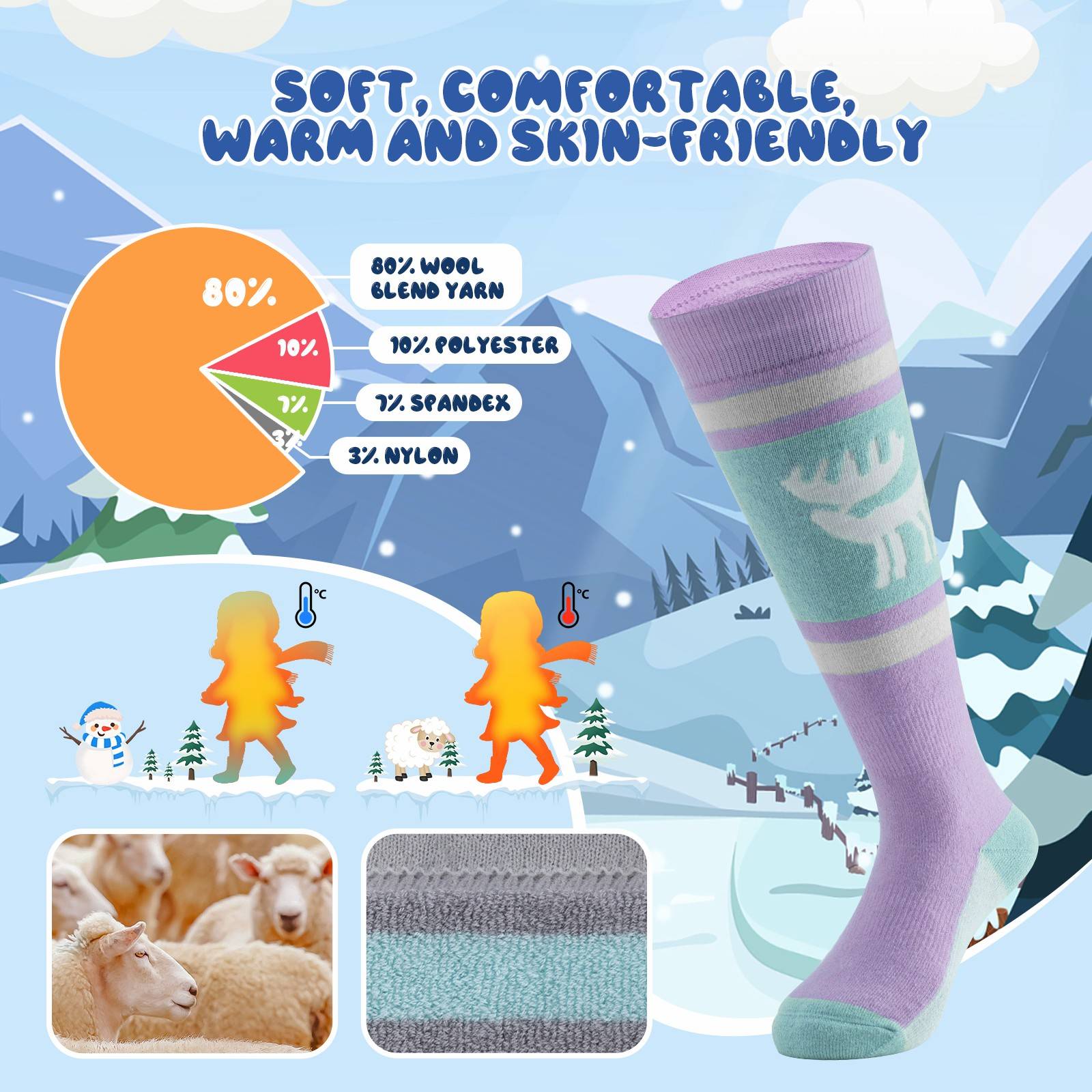 Qunature Kinde Wintersocken Ski Kniestr邦mpfe mit Wolle Skisocken #Color_Elchstil-Rosa Lisa
