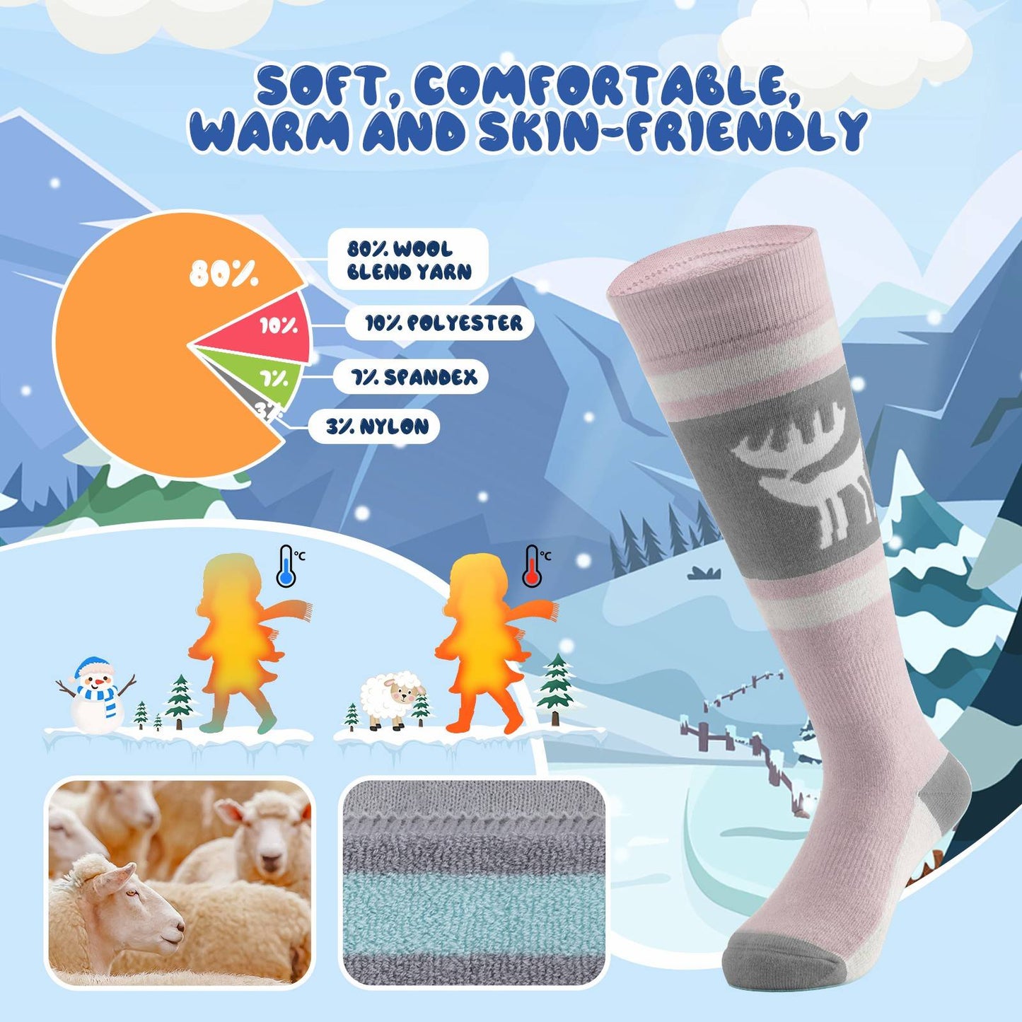 Qunature Kinde Wintersocken Ski Kniestr邦mpfe mit Wolle Skisocken #Color_Elchstil-Rosa