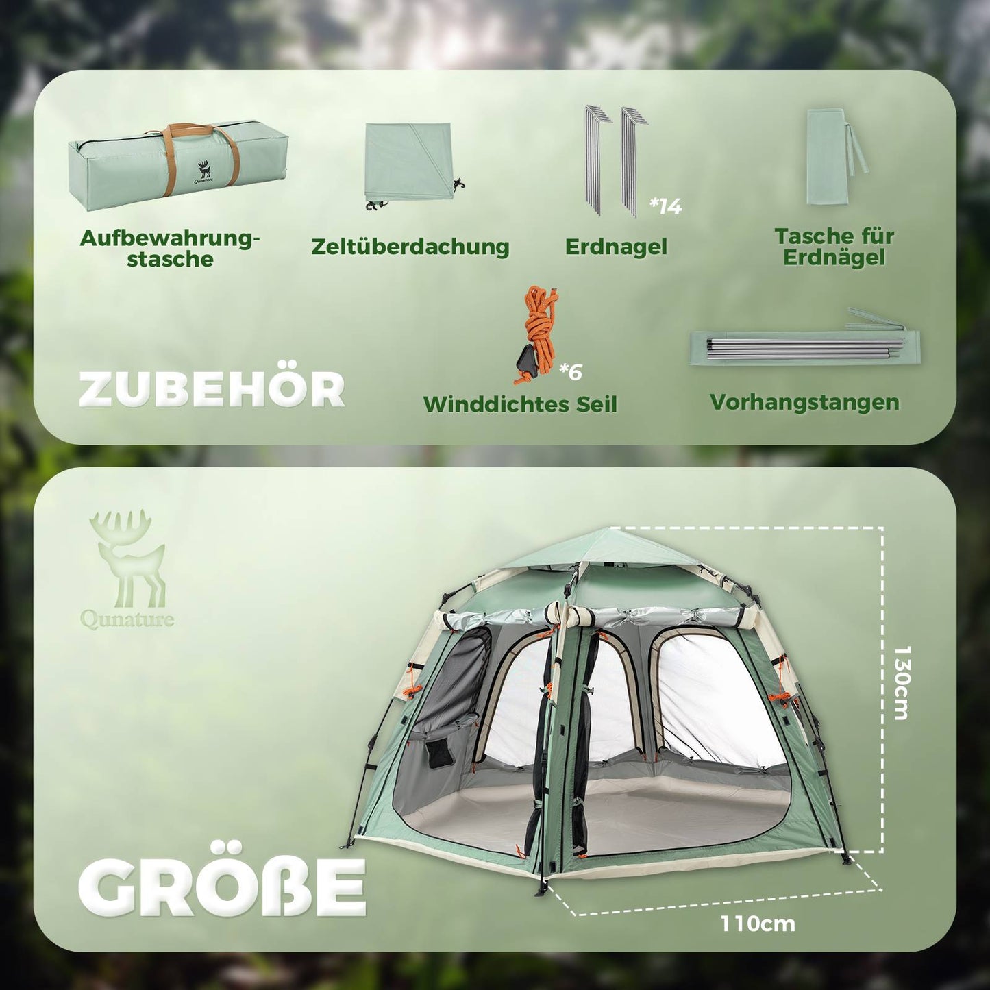 Qunature Pop-Up Campingzelt 2-4 Personen, Wasserdichtes Kuppelzelt #Color_Hellgr邦n