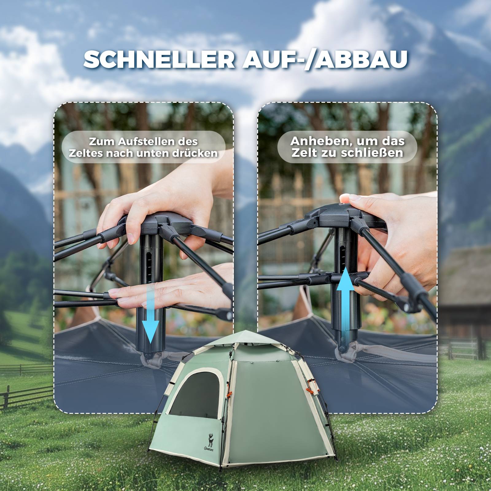 Qunature Pop-Up Campingzelt 2-4 Personen, Wasserdichtes Kuppelzelt #Color_Hellgr邦n