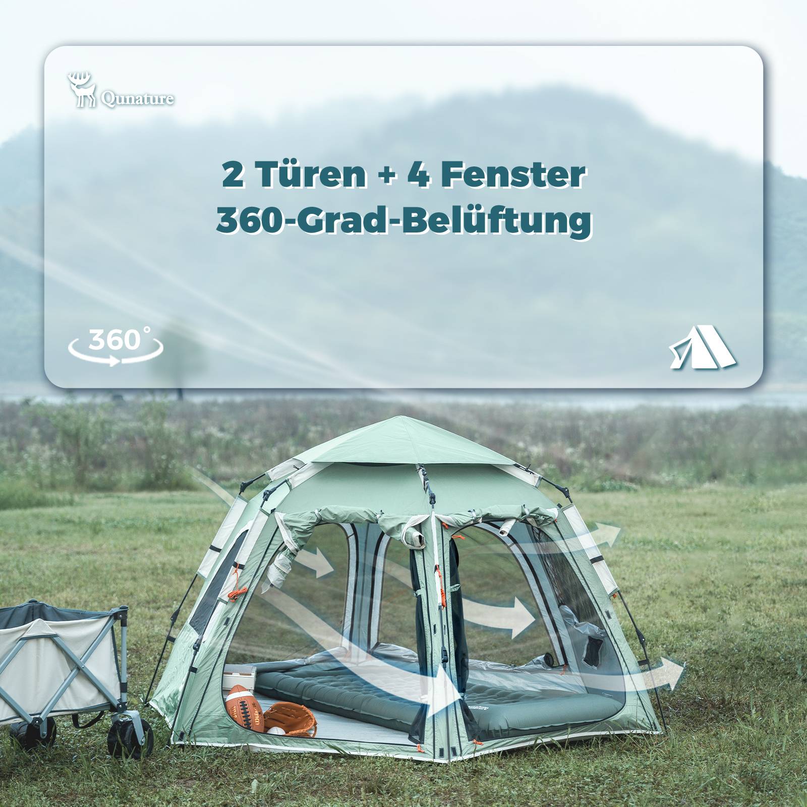 Qunature Pop-Up Campingzelt 2-4 Personen, Wasserdichtes Kuppelzelt