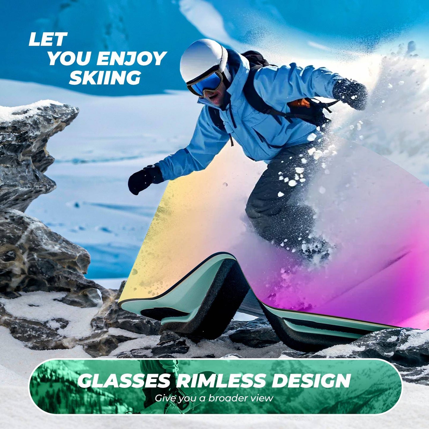Qunature Rahmenlos Skibrille UV400 Antifog TPU-Rahmen Schutzbrille #Color_Gr邦n