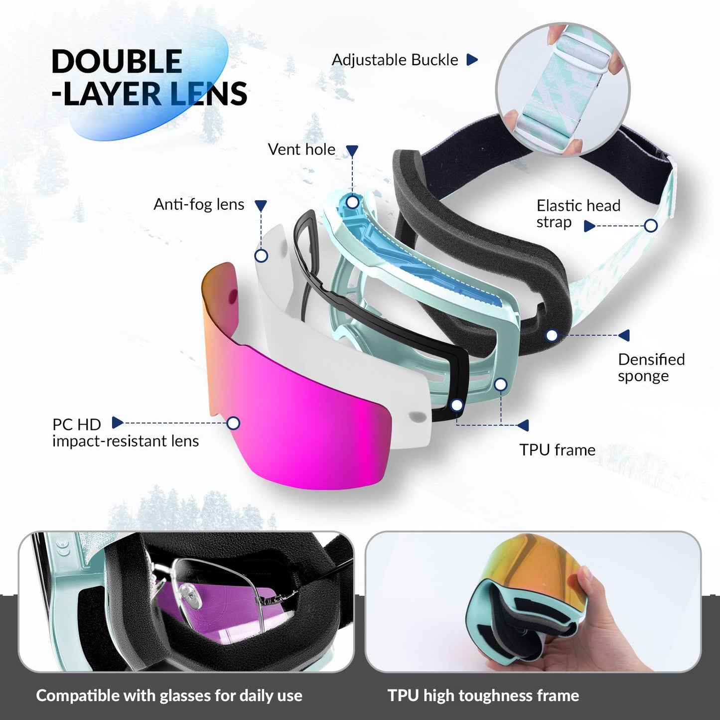 Qunature Rahmenlos Skibrille UV400 Antifog TPU-Rahmen Schutzbrille #Color_Gr邦n