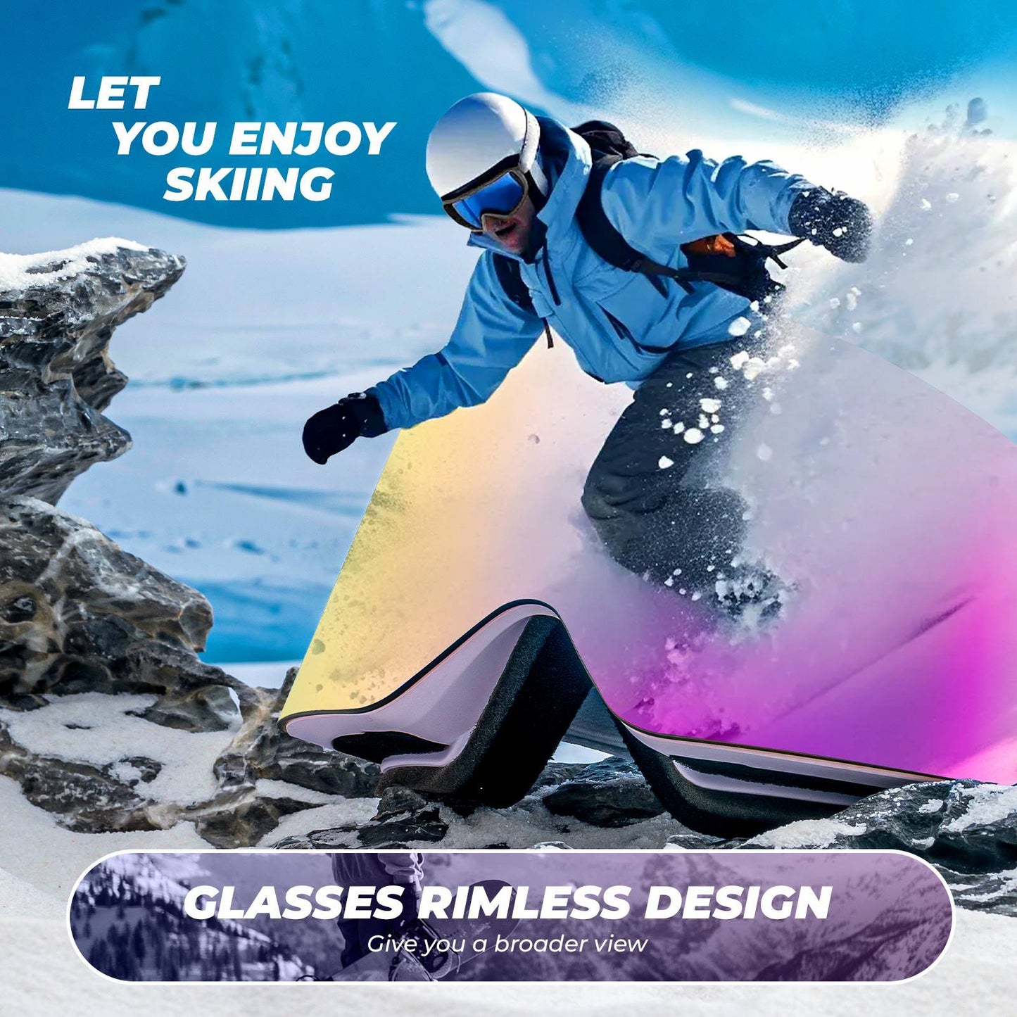 Qunature Rahmenlos Skibrille UV400 Antifog TPU-Rahmen Schutzbrille #Color_Lila