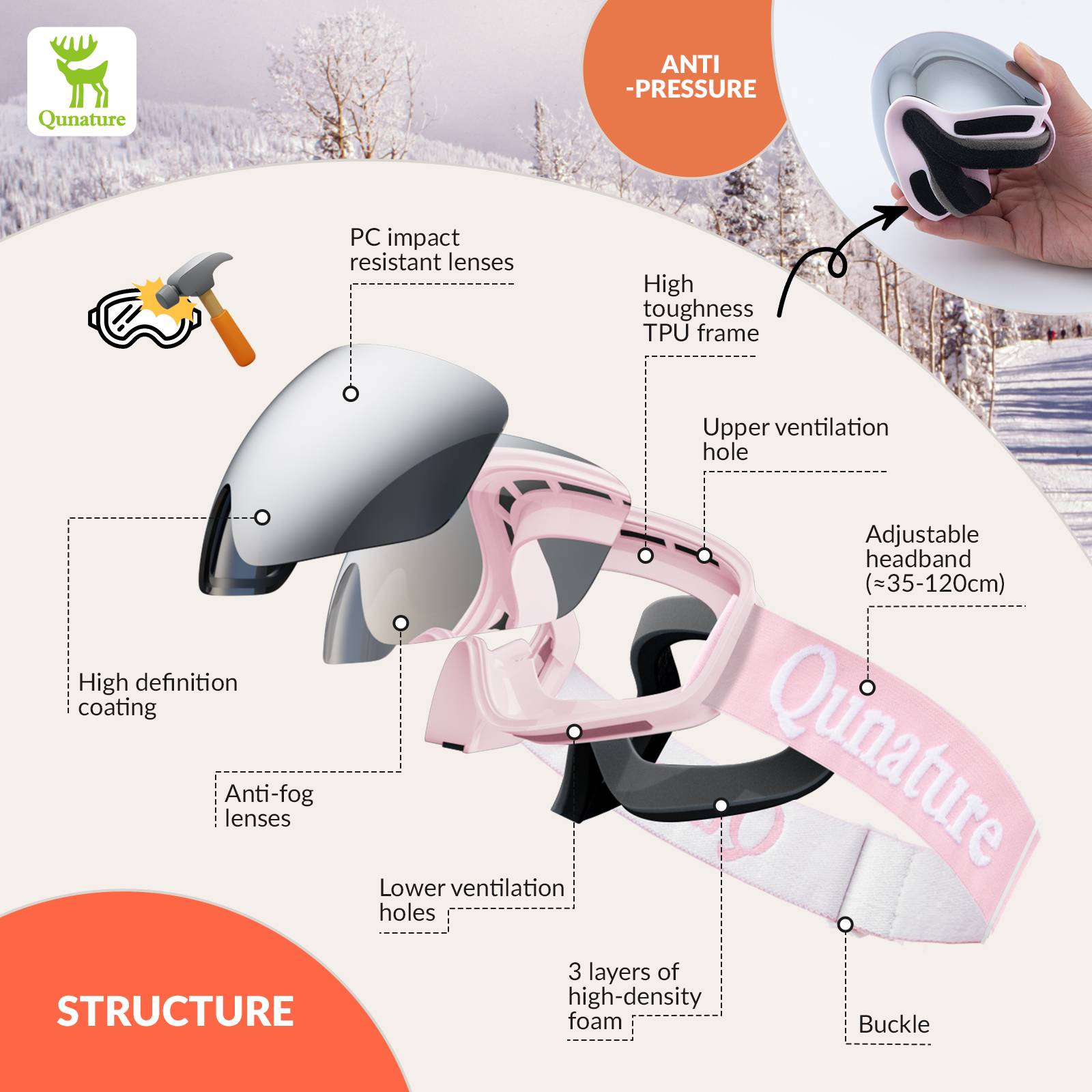 Qunature Skibrille Snowboard Brille Schneebrille OTG Anti-Fog Unisex #Color_Rosa