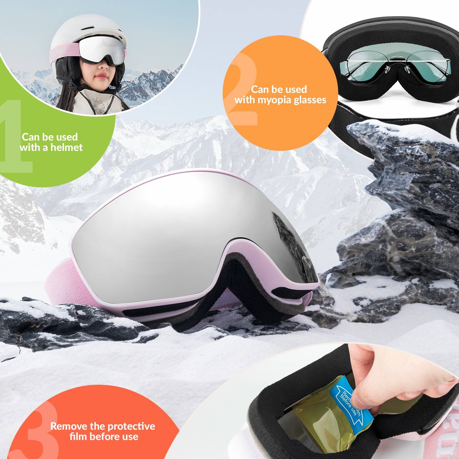 Qunature Skibrille Snowboard Brille Schneebrille OTG Anti-Fog Unisex #Color_Rosa