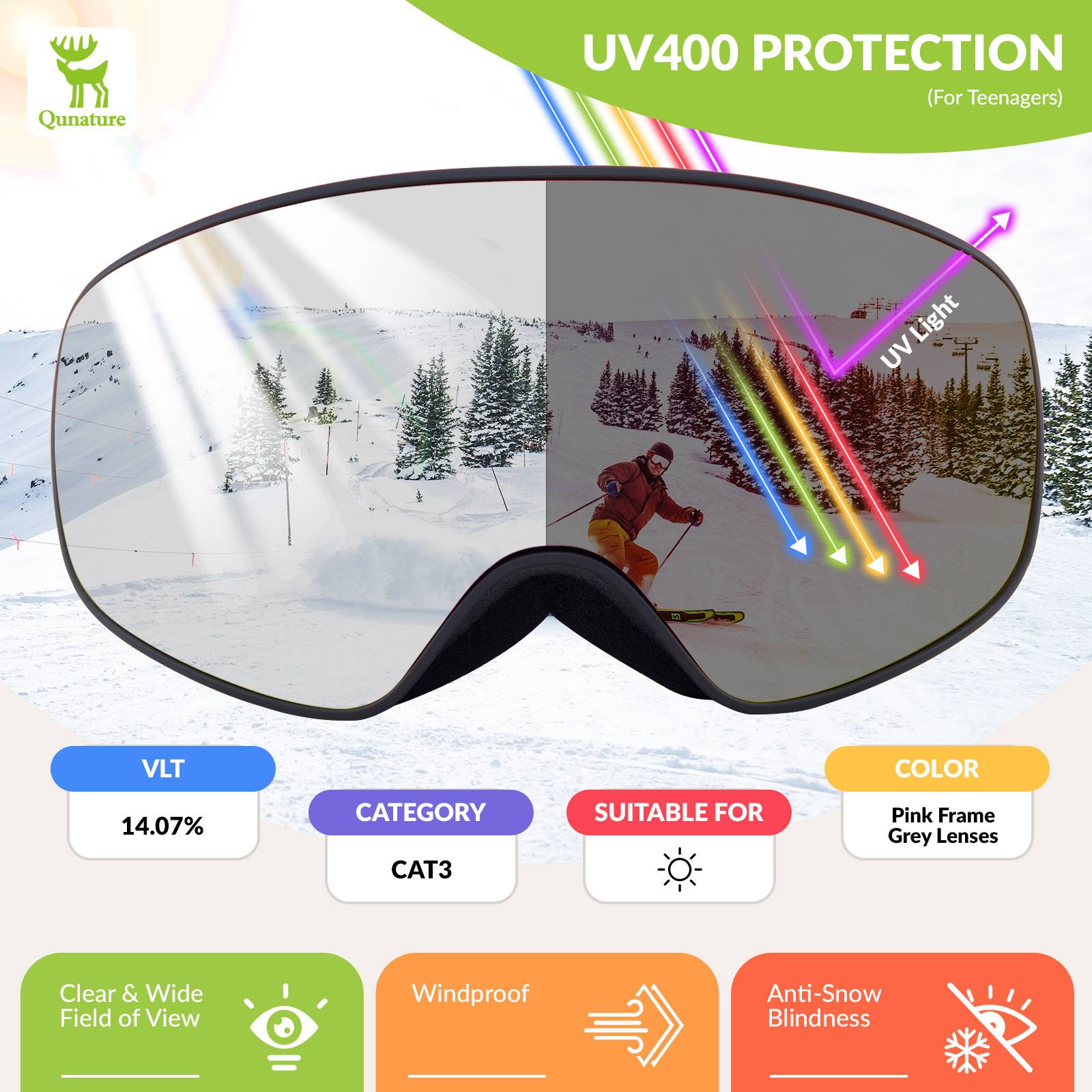 Qunature Skibrille Snowboard Brille Schneebrille OTG Anti-Fog Unisex #Color_Schwarz