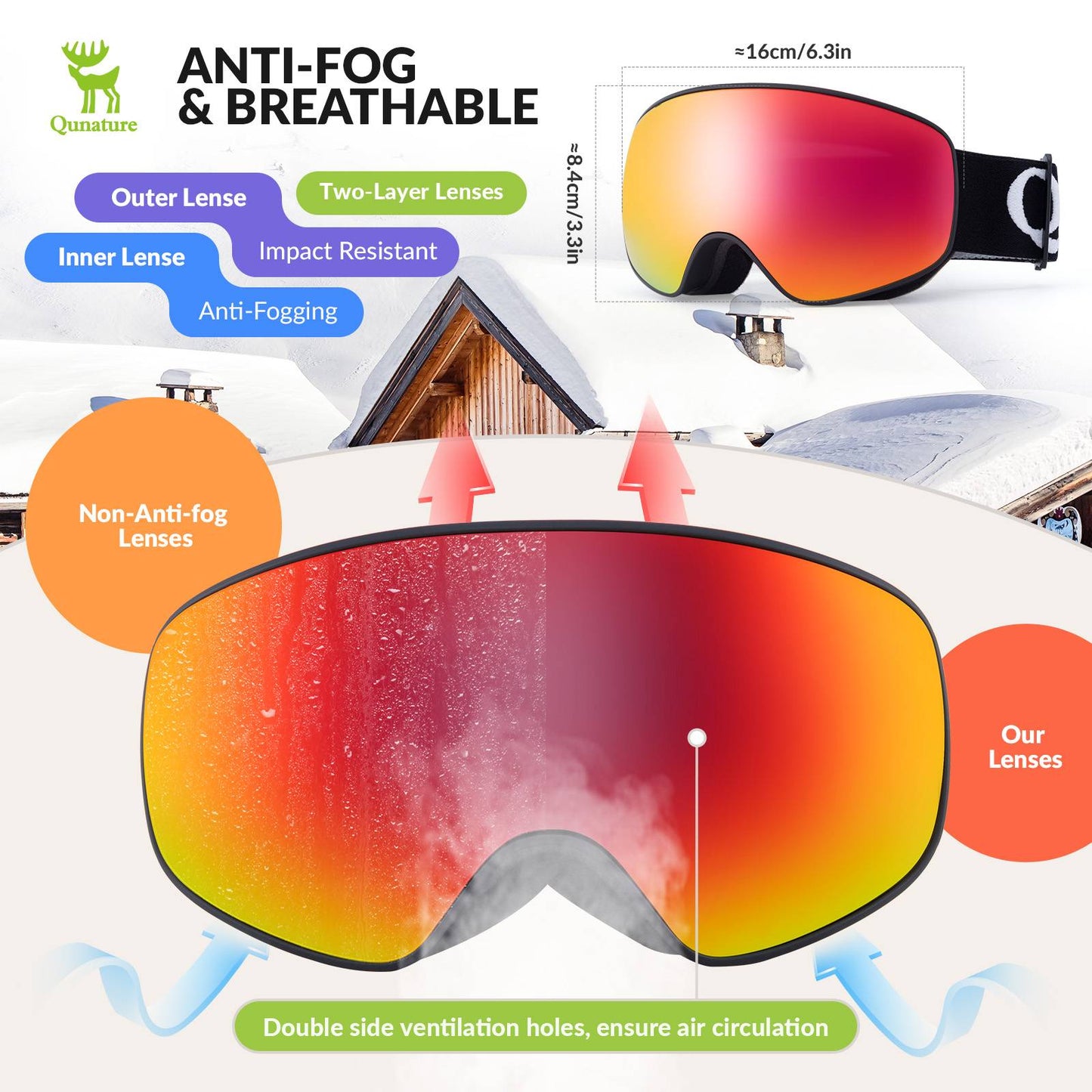 Qunature Skibrille Snowboard Brille Schneebrille OTG Anti-Fog Unisex #Color_Schwarz