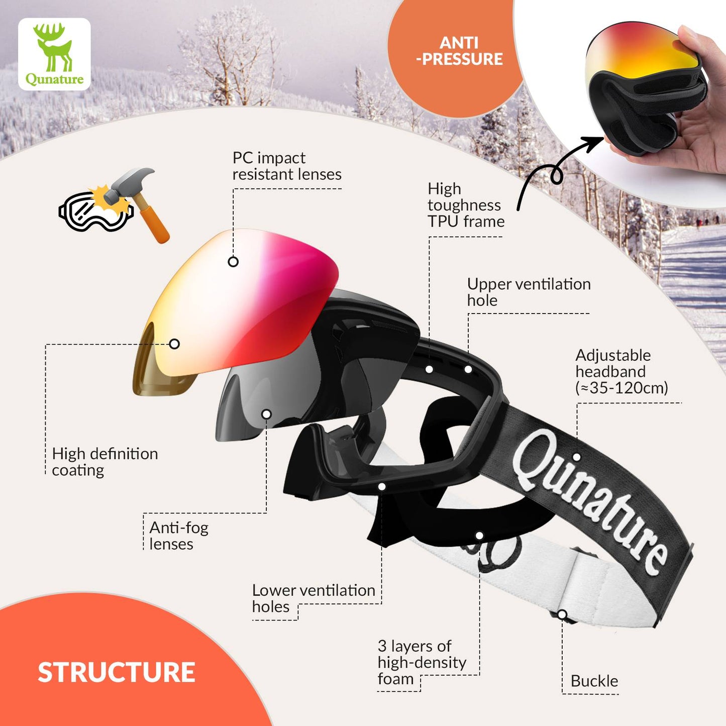 Qunature Skibrille Snowboard Brille Schneebrille OTG Anti-Fog Unisex #Color_Schwarz