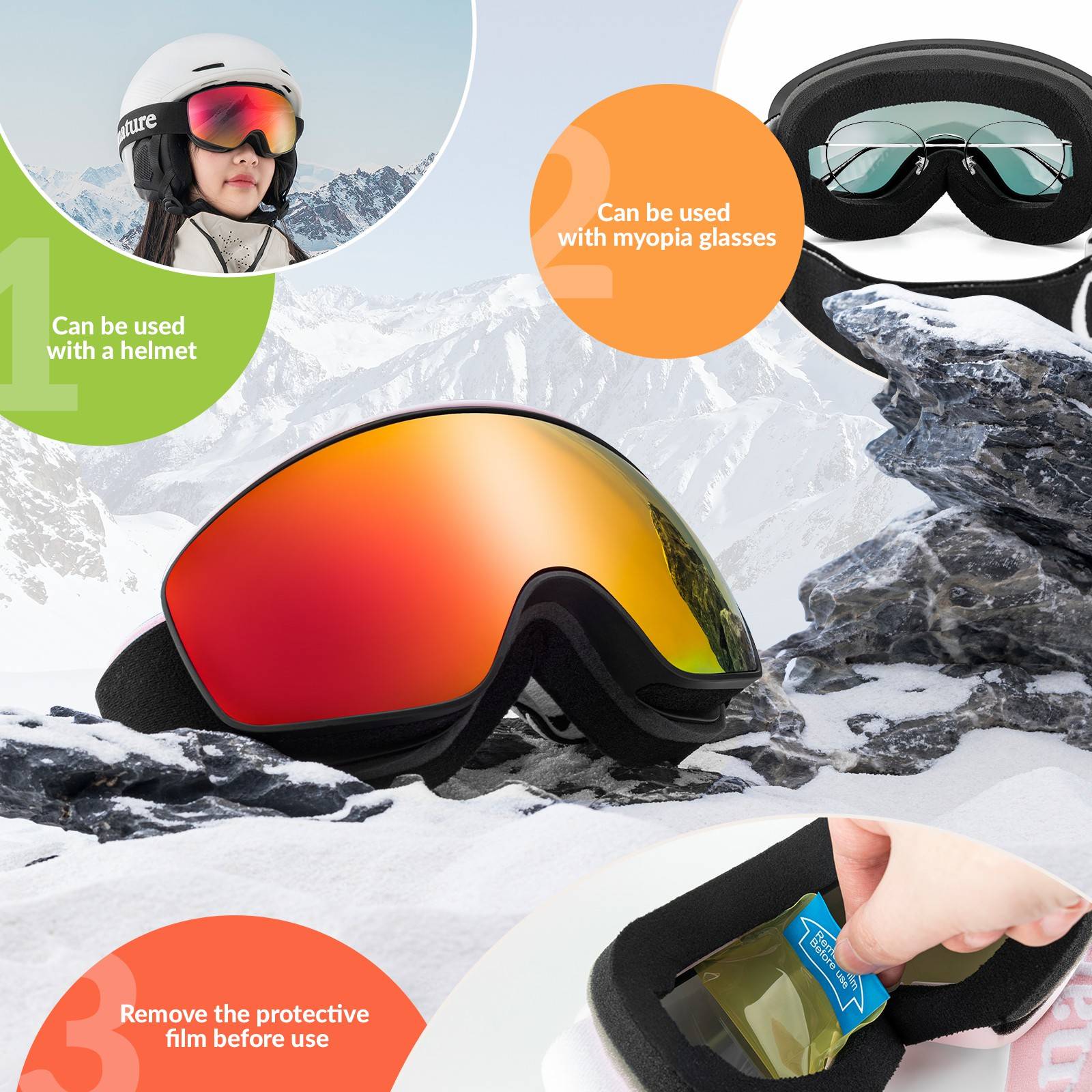 Qunature Skibrille Snowboard Brille Schneebrille OTG Anti-Fog Unisex #Color_Schwarz
