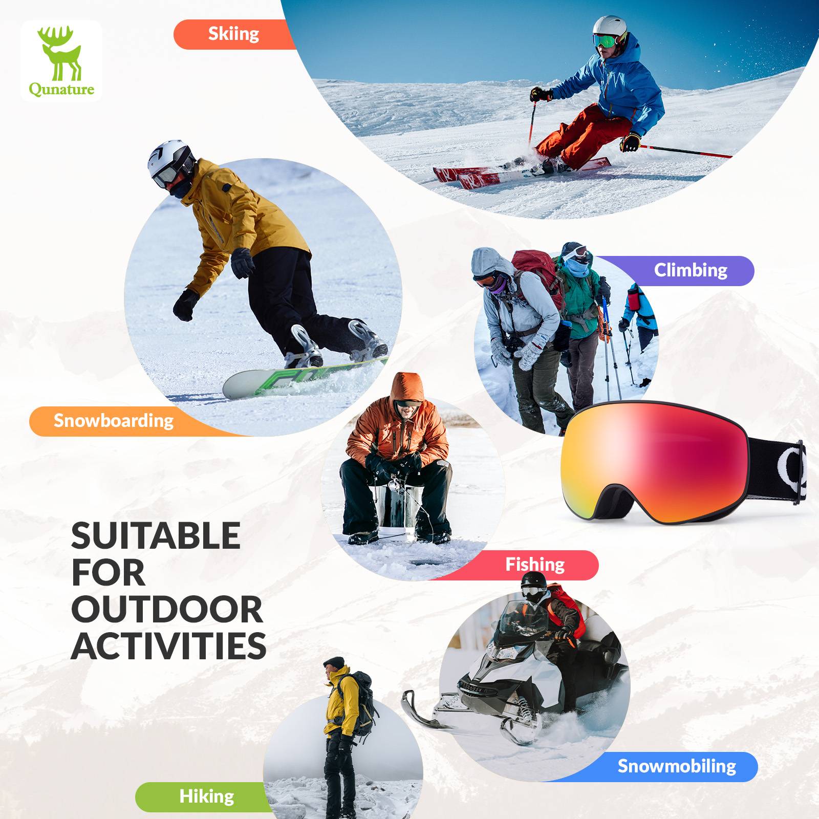 Qunature Skibrille Snowboard Brille Schneebrille OTG Anti-Fog Unisex #Color_Schwarz