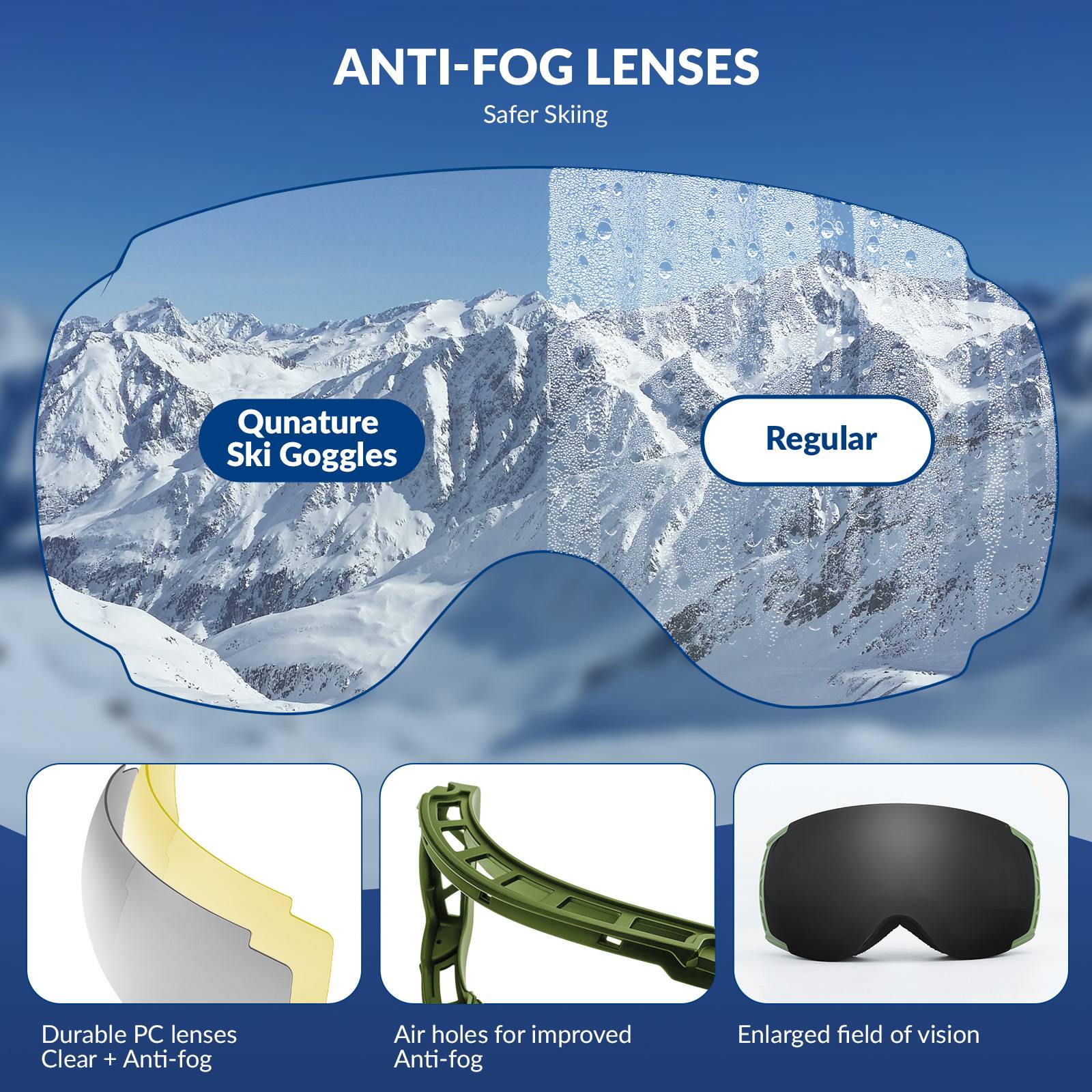 Qunature Skibrille Snowboardbrille Antifog UV400 f邦r Brillentr?ger #Color_Militargr邦n