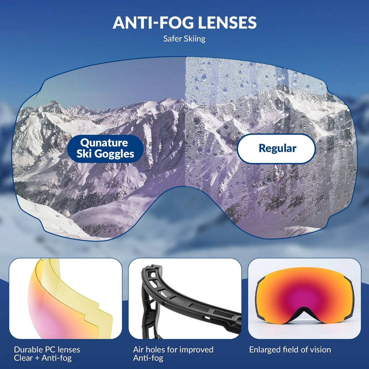 Qunature Skibrille Snowboardbrille Antifog UV400 f邦r Brillentr?ger #Color_Schwarz