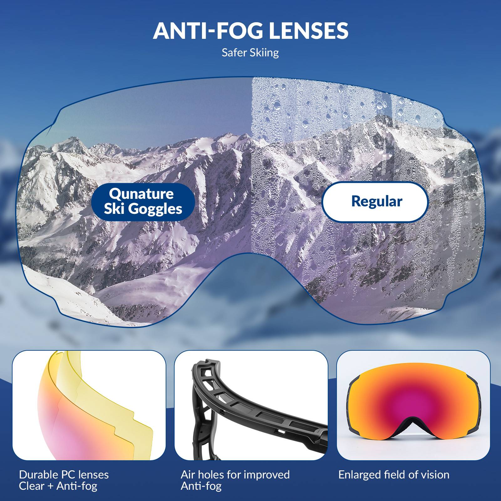 Qunature Skibrille Snowboardbrille Antifog UV400 f邦r Brillentr?ger #Color_Schwarz