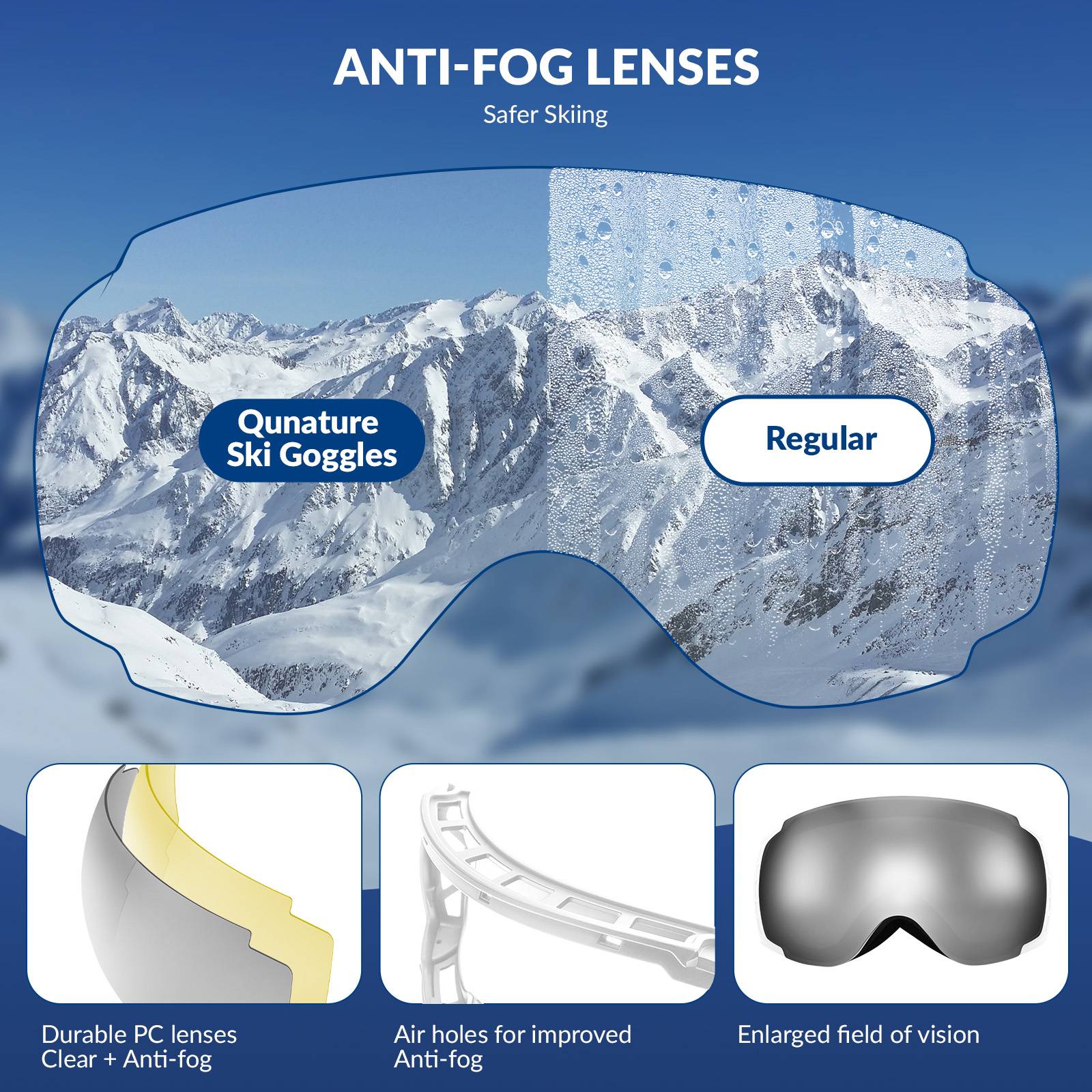 Qunature Skibrille Snowboardbrille Antifog UV400 f邦r Brillentr?ger #Color_Wei?