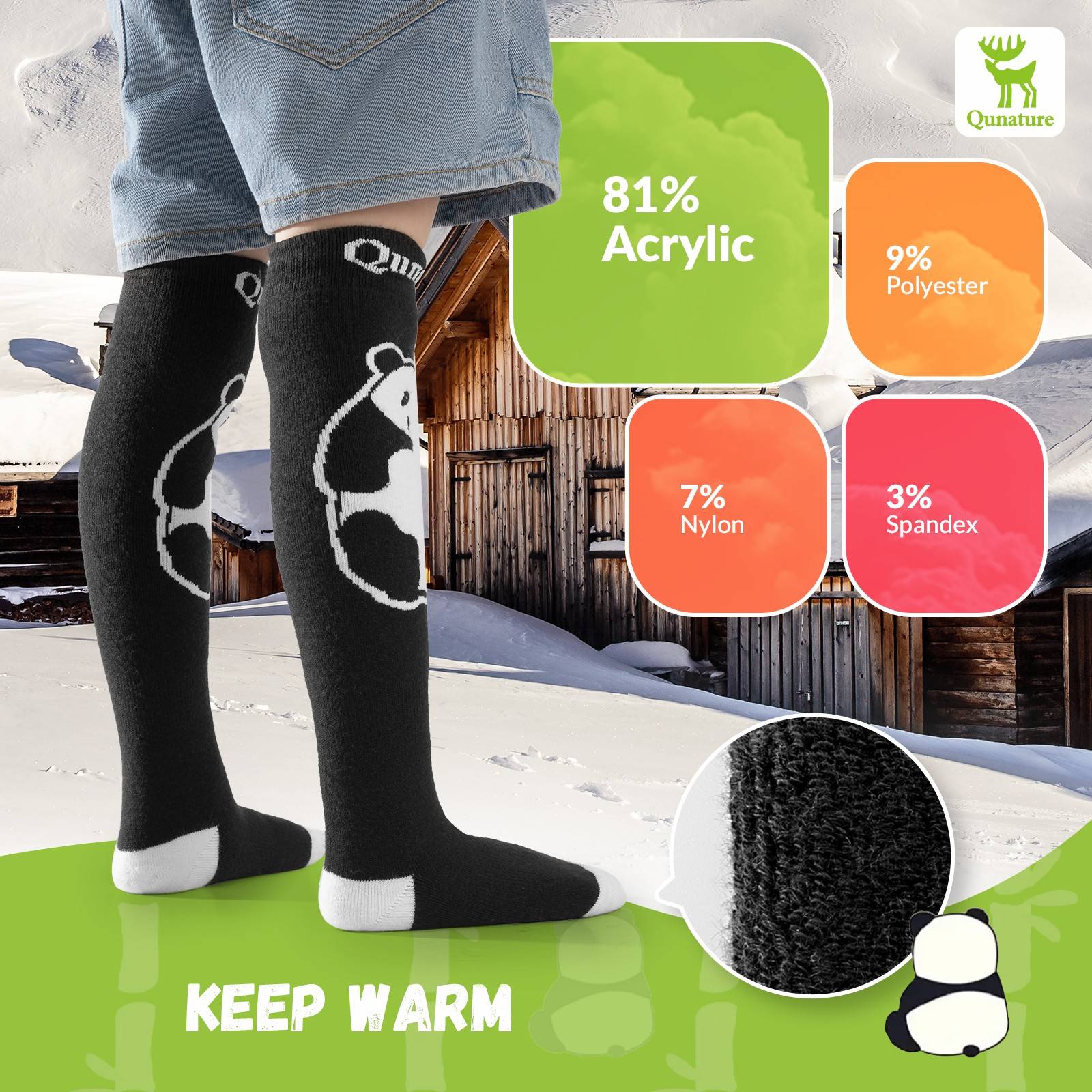 Qunature Skisocken Kinder Wintersocken Ski Kniestr邦mpfe mit Wolle 1 Paar #Color_ Panda-Stil-Schwarz