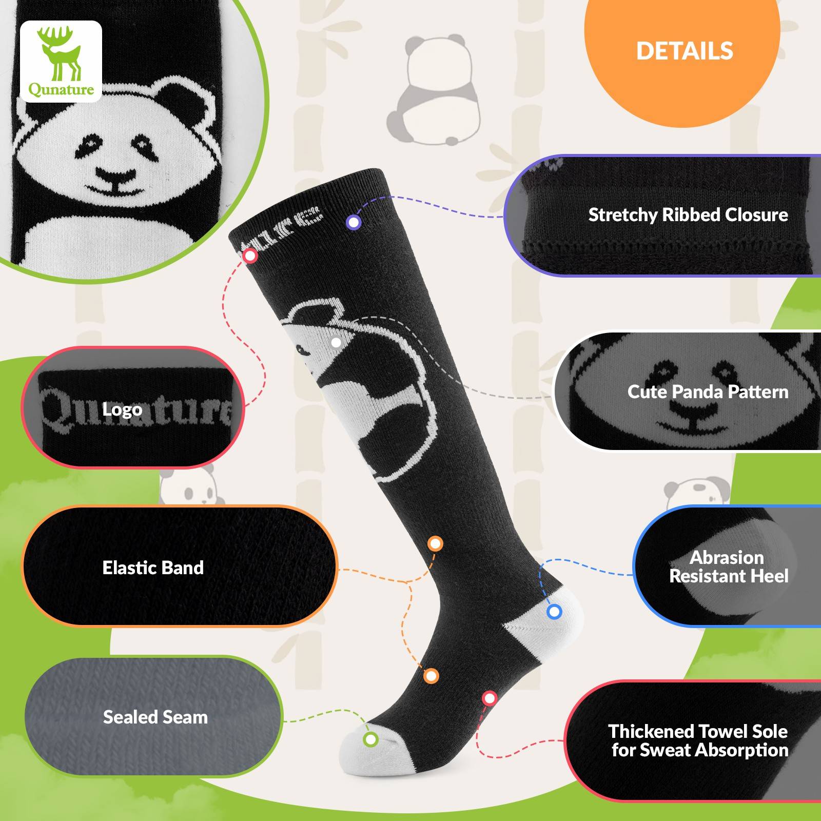 Qunature Skisocken Kinder Wintersocken Ski Kniestr邦mpfe mit Wolle 1 Paar #Color_ Panda-Stil-Schwarz