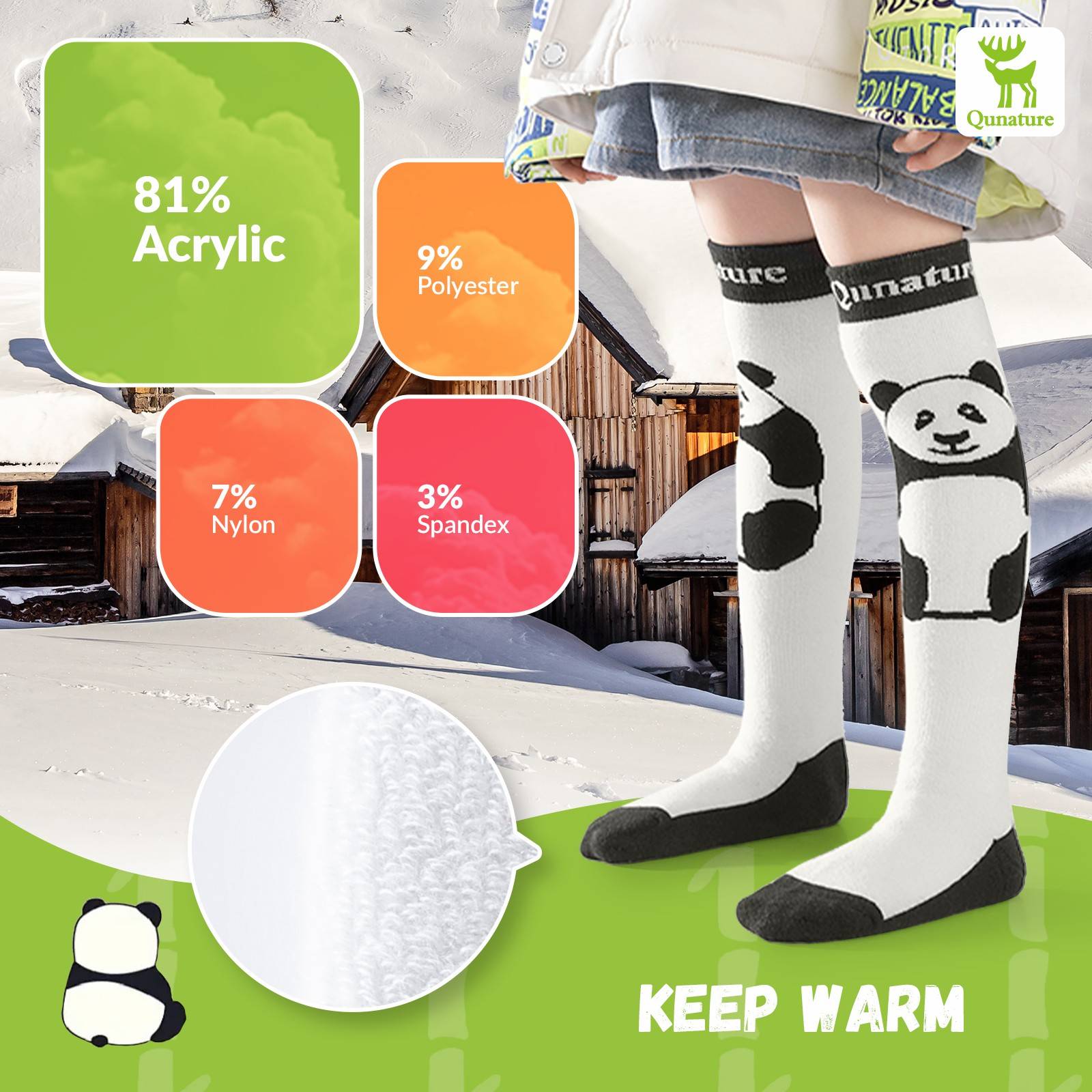 Qunature Skisocken Kinder Wintersocken Ski Kniestr邦mpfe mit Wolle 1 Paar #Color_ Panda-Stil-Wei?