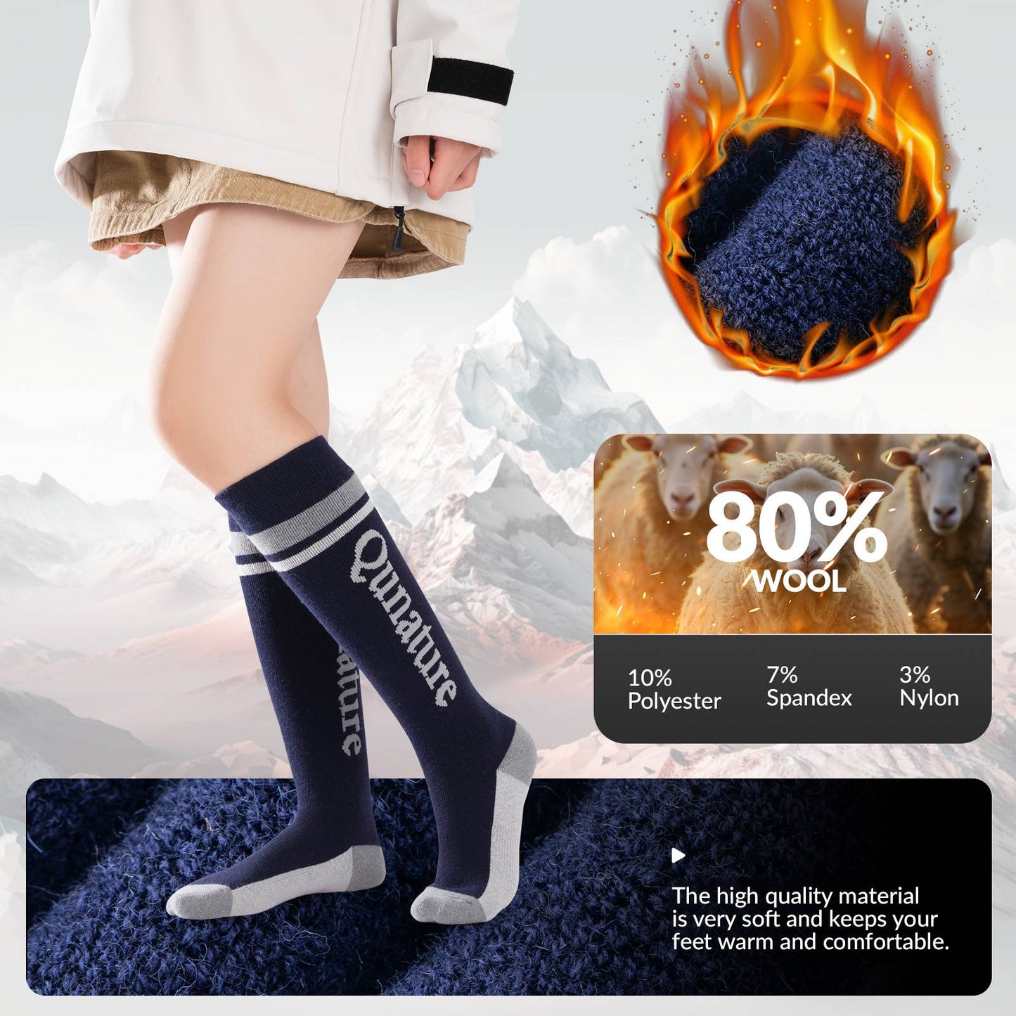 Qunature Thermo Skisocken Merino Kindern Atmungsaktiv #Color_Marineblau