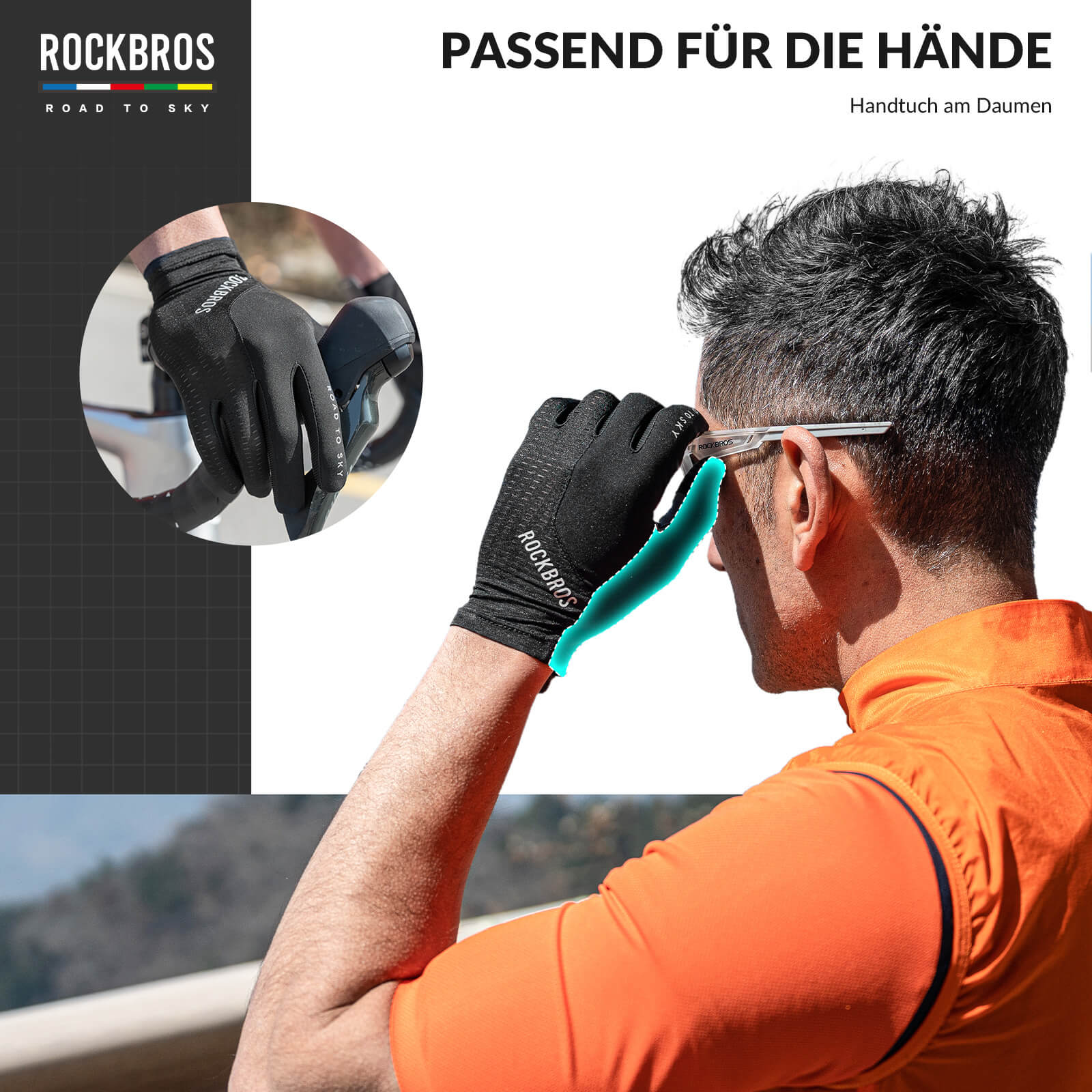 ROAD TO SKY Fahrradhandschuhe mit Touchscreen Atmungsaktiv Herren/Damen-Schwarz