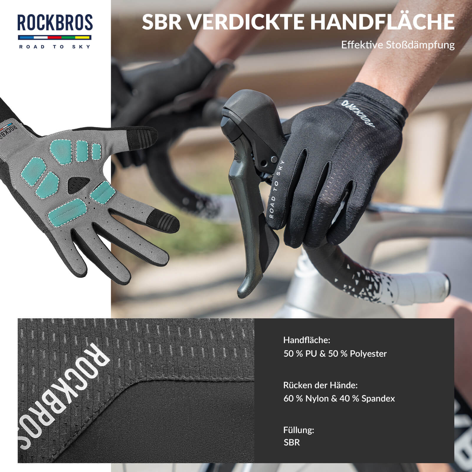 ROAD TO SKY Fahrradhandschuhe mit Touchscreen Atmungsaktiv Herren/Damen-Schwarz
