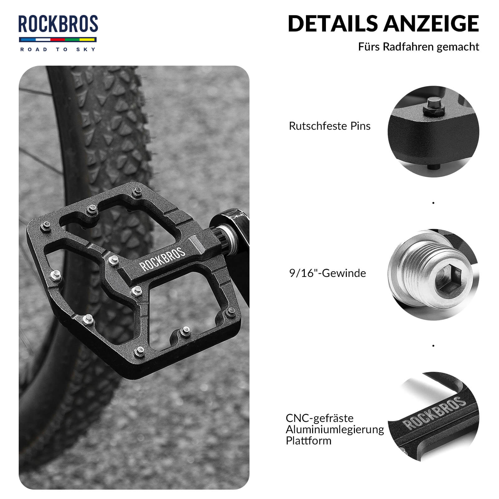 ROAD TO SKY Platform Fahrradpedale 9/16 Zoll Rutschfest aus Aluminium | ROCKBROS