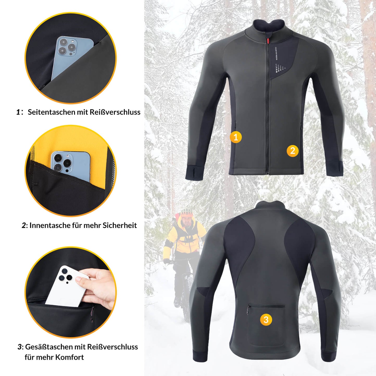 ROCKBROS Herren Winter Fahrradjacke, winddichte und atmungsaktive Jacke mit Fleecefutter für Radfahren im Winter