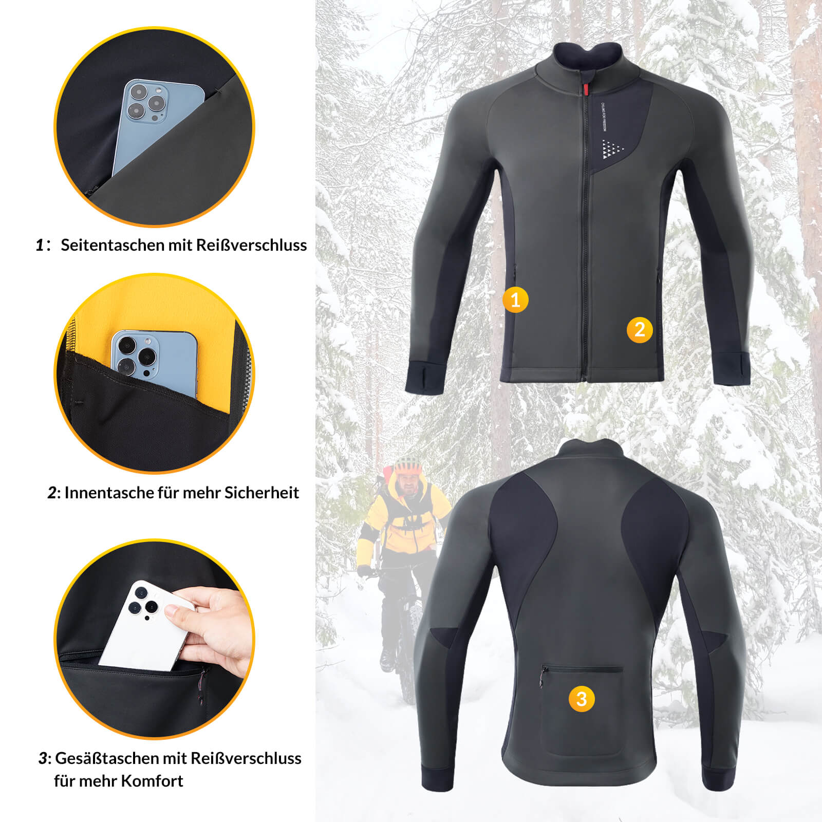 ROCKBROS Herren Winter Fahrradjacke, winddichte und atmungsaktive Jacke mit Fleecefutter für Radfahren im Winter