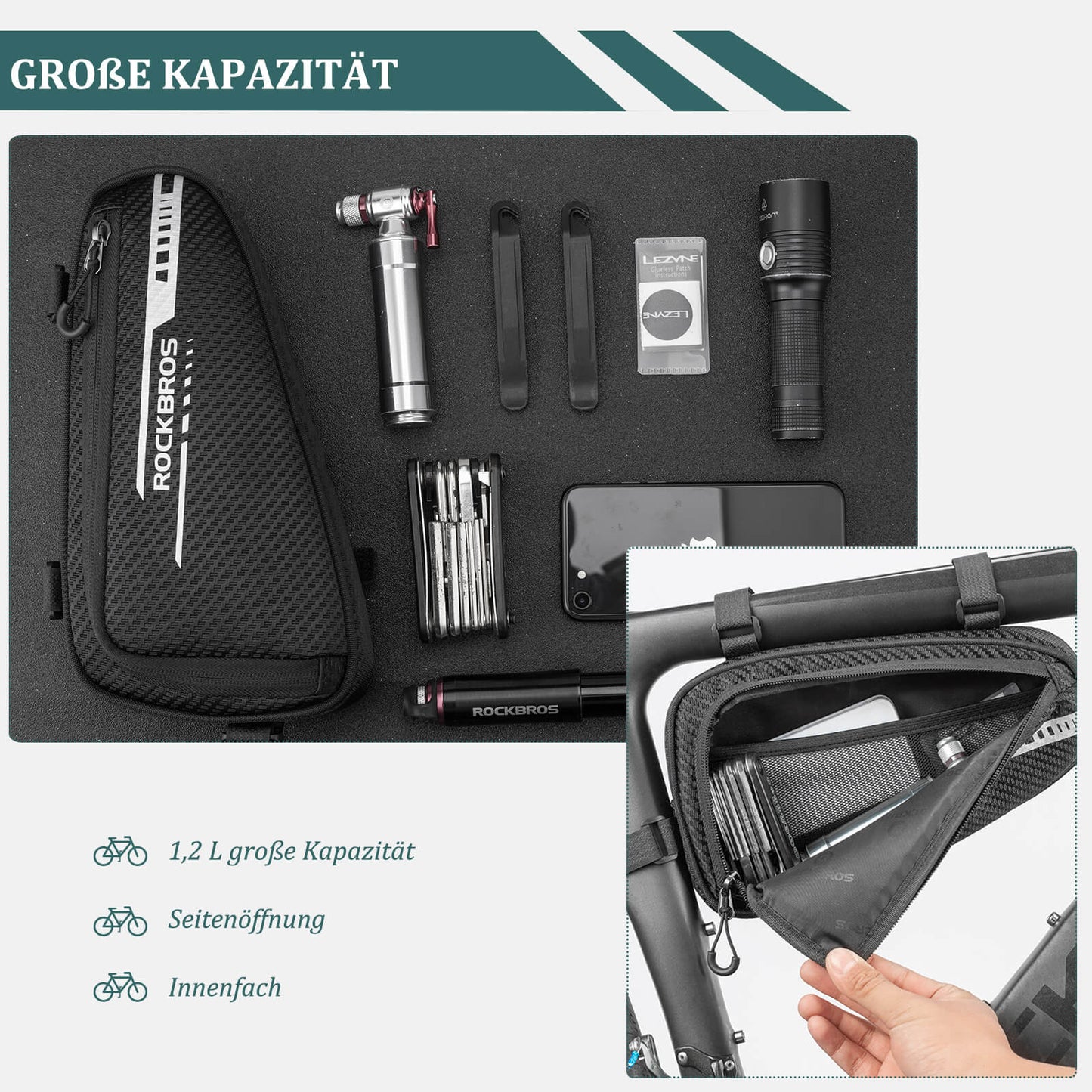 ROCKBROS 1.2L wasserdichte Rahmentasche, ideal für Mountainbikes und Rennräder, mit reflektierendem Design und einfacher Installation.