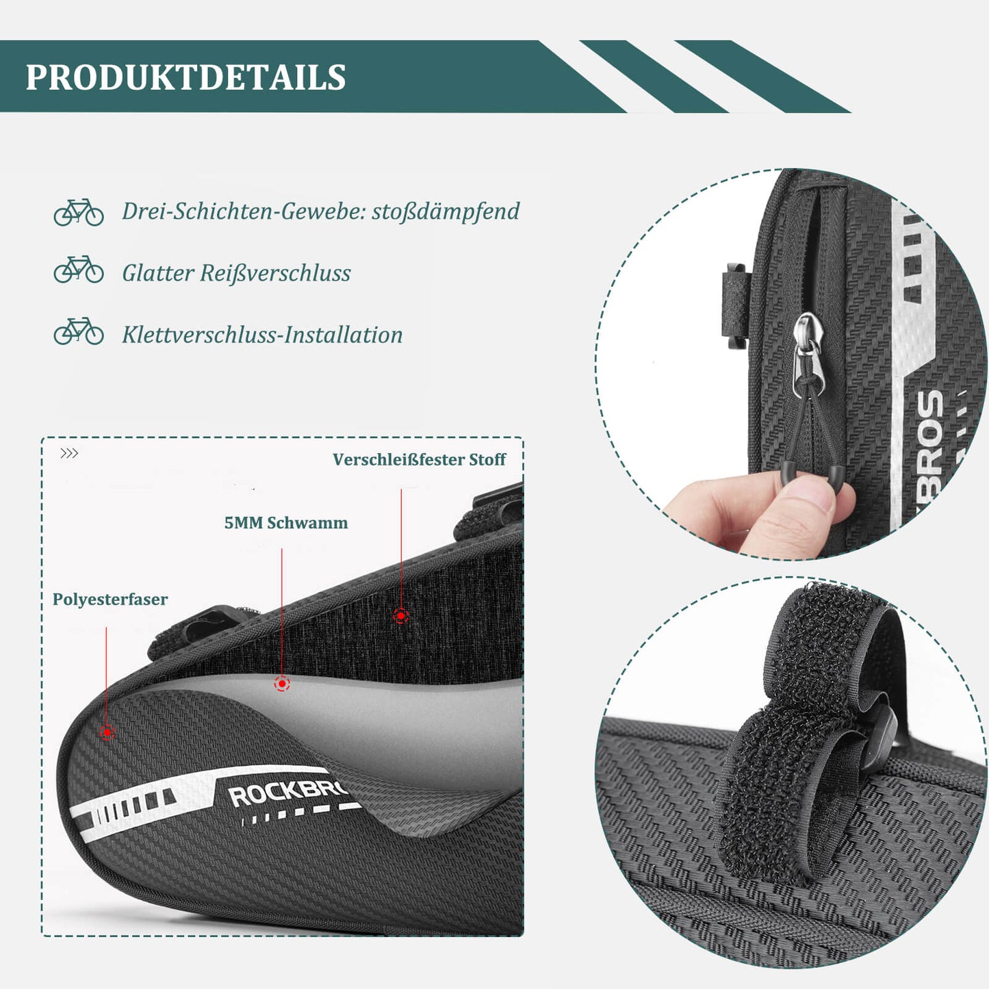 ROCKBROS 1.2L wasserdichte Rahmentasche, ideal für Mountainbikes und Rennräder, mit reflektierendem Design und einfacher Installation.