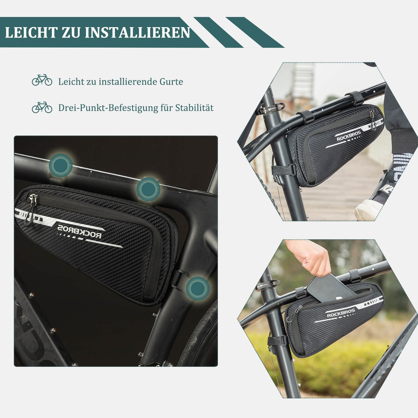 ROCKBROS 1.2L wasserdichte Rahmentasche, ideal für Mountainbikes und Rennräder, mit reflektierendem Design und einfacher Installation.