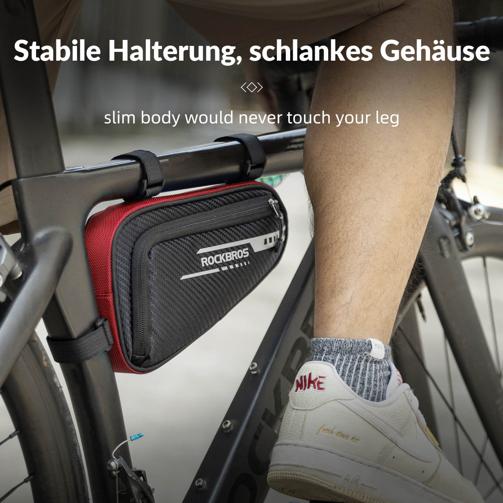 ROCKBROS 1.2L wasserdichte Rahmentasche, ideal für Mountainbikes und Rennräder, mit reflektierendem Design und einfacher Installation.