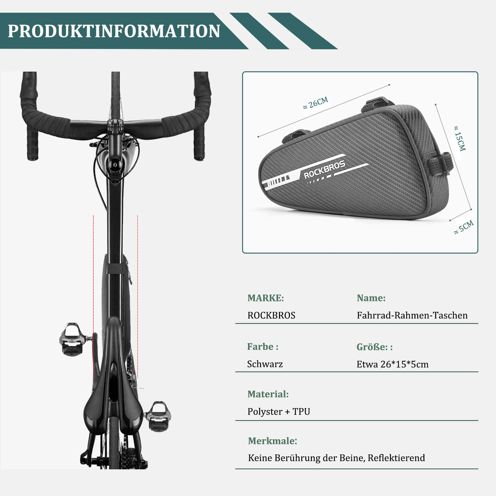 ROCKBROS 1.2L wasserdichte Rahmentasche, ideal für Mountainbikes und Rennräder, mit reflektierendem Design und einfacher Installation.