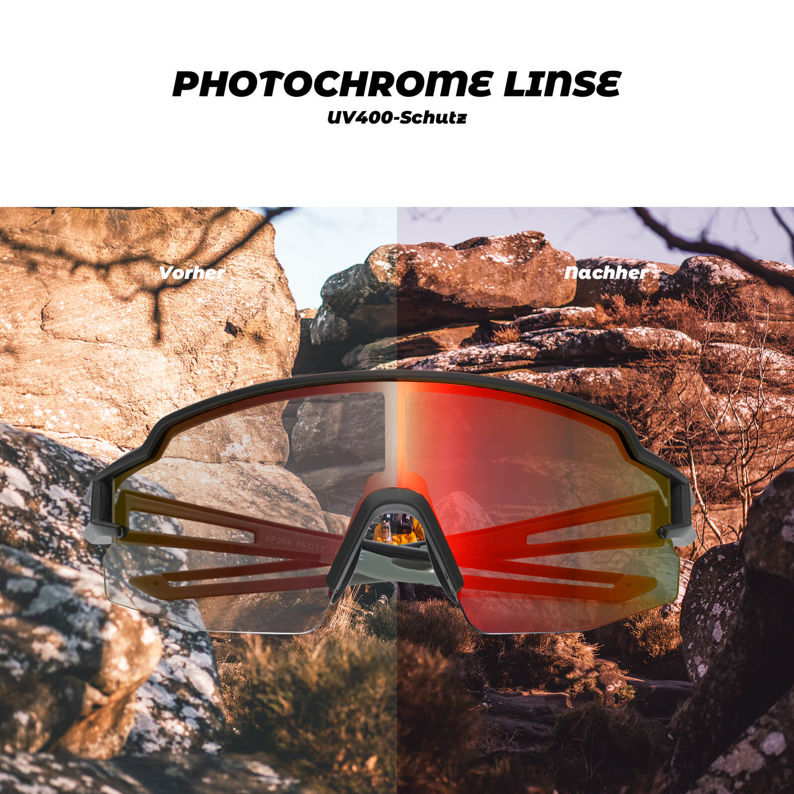 ROCKBROS Fahrradbrille Photochromatisch Sonnenbrille UV400-Schutz Leicht-Rot