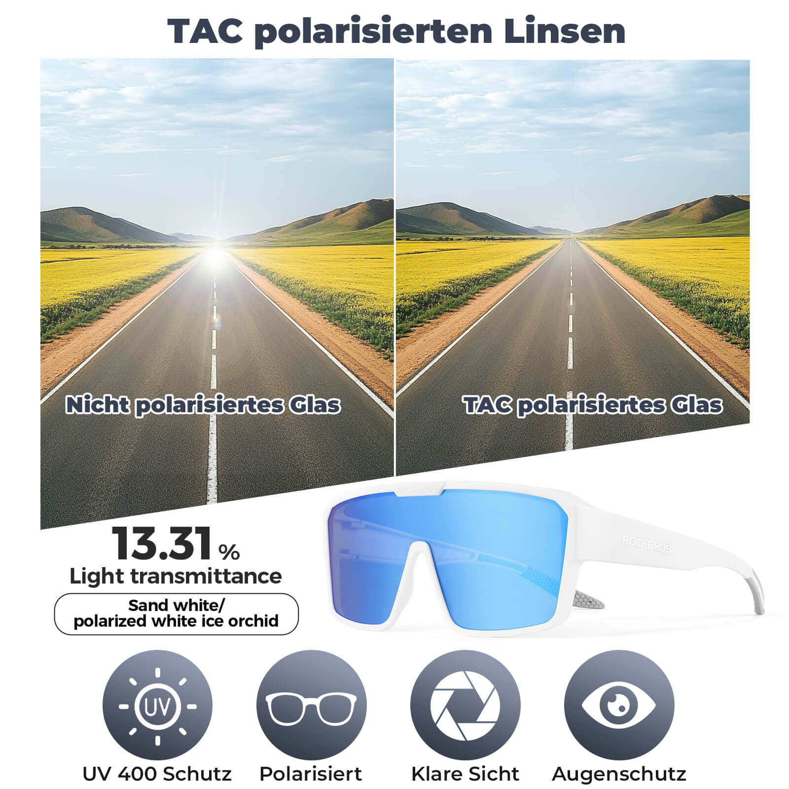 ROCKBROS Fahrradbrille Polarisiert Sportbrille Outdoor MTB Rennrad Sportbrille-Blau-Rahmen weiß
