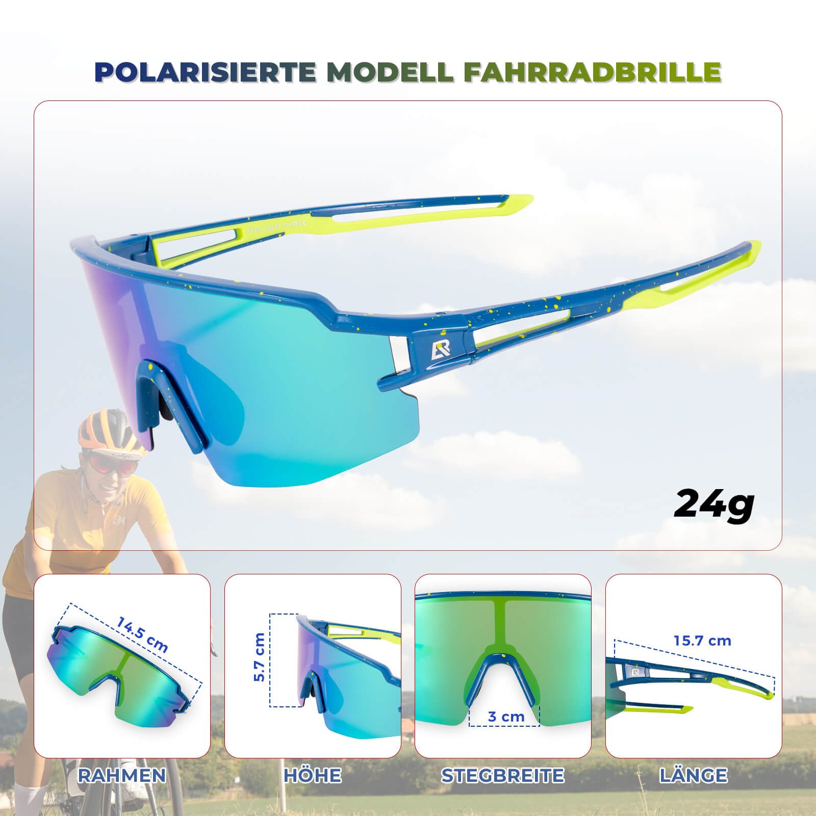 ROCKBROS Fahrradbrille Polarisiert Sportbrille winddichte Sonnenbrille UV 400-Blau-Rahmen grün