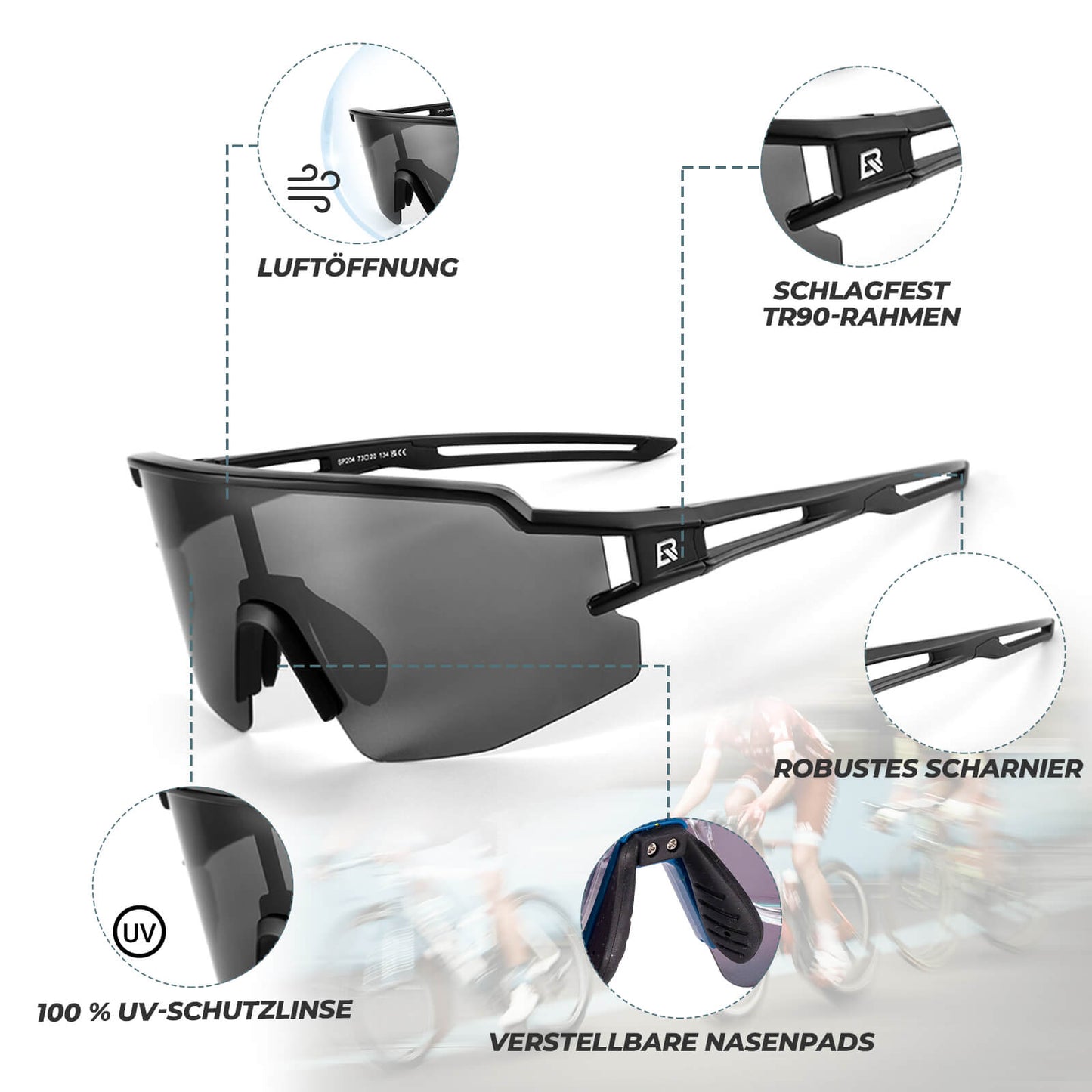 ROCKBROS Fahrradbrille Polarisiert Sportbrille winddichte Sonnenbrille UV 400-Schwarz