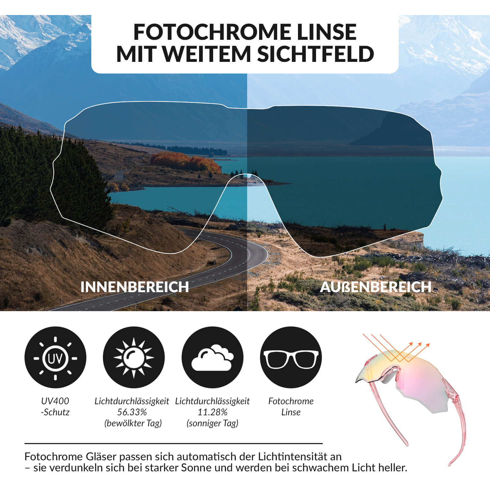 ROCKBROS Fahrradbrille Selbsttönend/Polarisiert UV400-Schutz Ohne Rahmen Unisex-Rosa/Selbsttönend