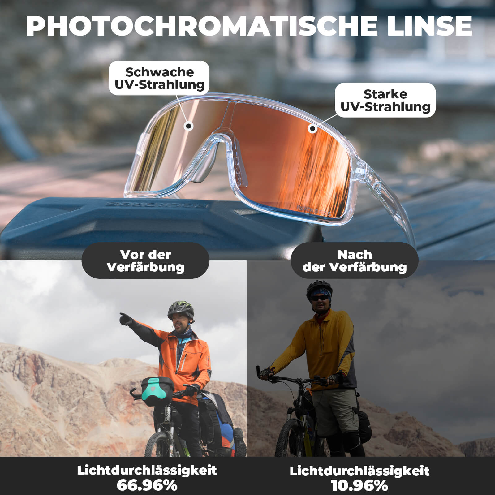 ROCKBROS Fahrradbrille Selbsttönend Sonnenbrille UV400-Schutz verstellbar Nasenpad-Goldgelb