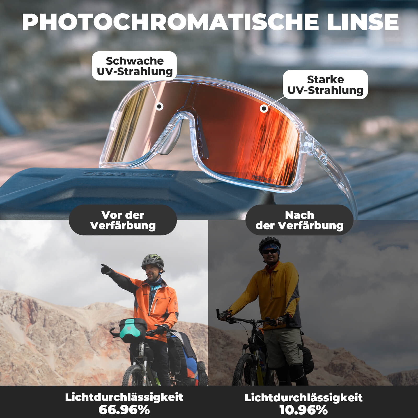 ROCKBROS Fahrradbrille Selbsttönend Sonnenbrille UV400-Schutz verstellbar Nasenpad-Hellgelb