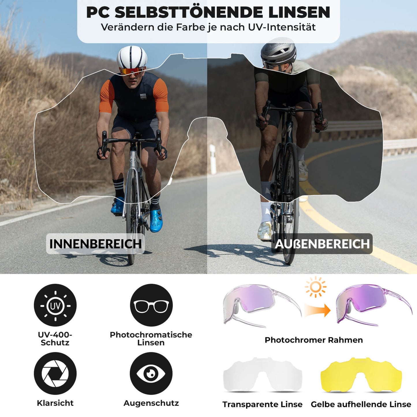 ROCKBROS Fahrradbrille Selbsttönende Sonnenbrille UV-Schutz Wechsel-Nasenpads Damen/Herren-Transparent-Hellviolett