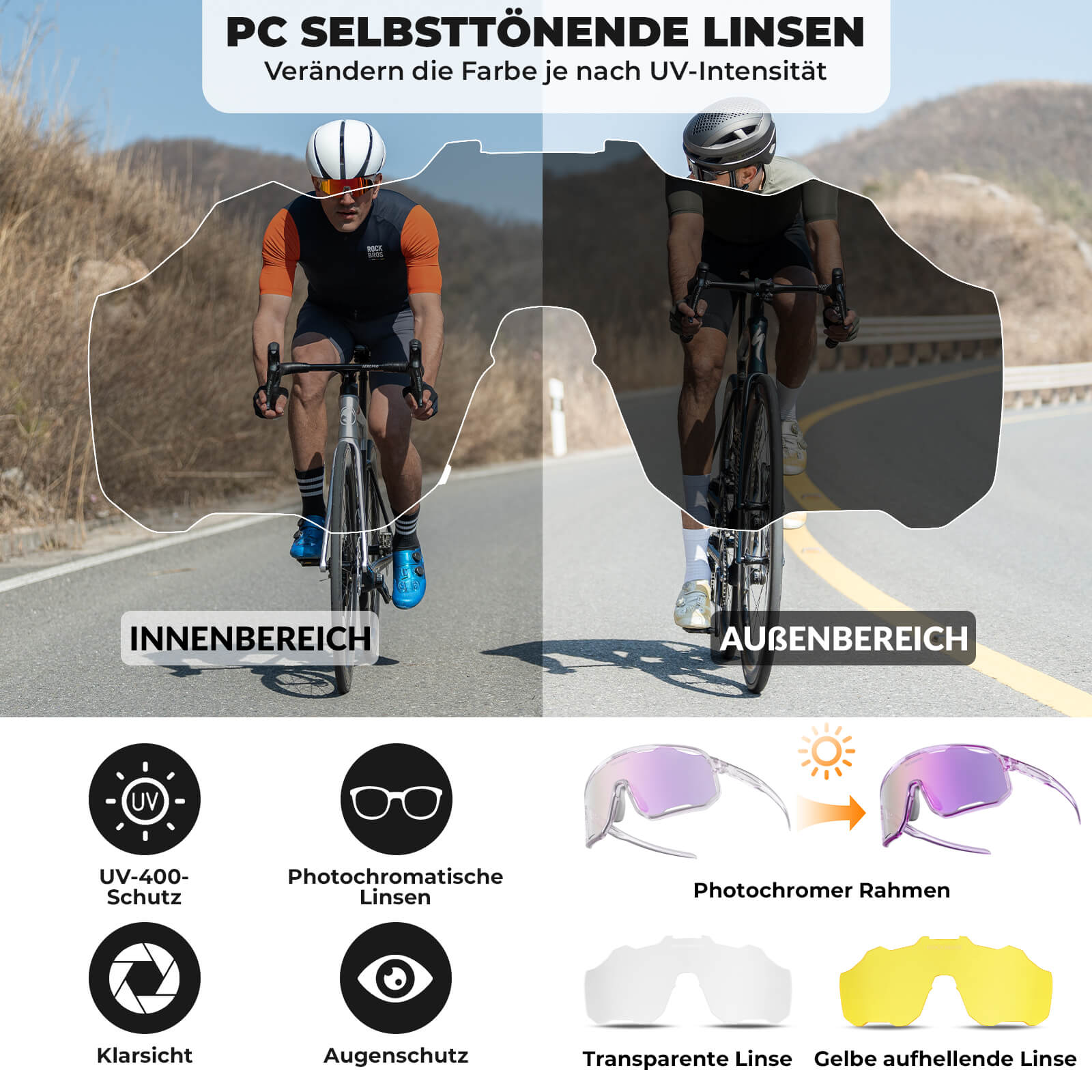 ROCKBROS Fahrradbrille Selbsttönende Sonnenbrille UV-Schutz Wechsel-Nasenpads Damen/Herren-Transparent-Hellviolett