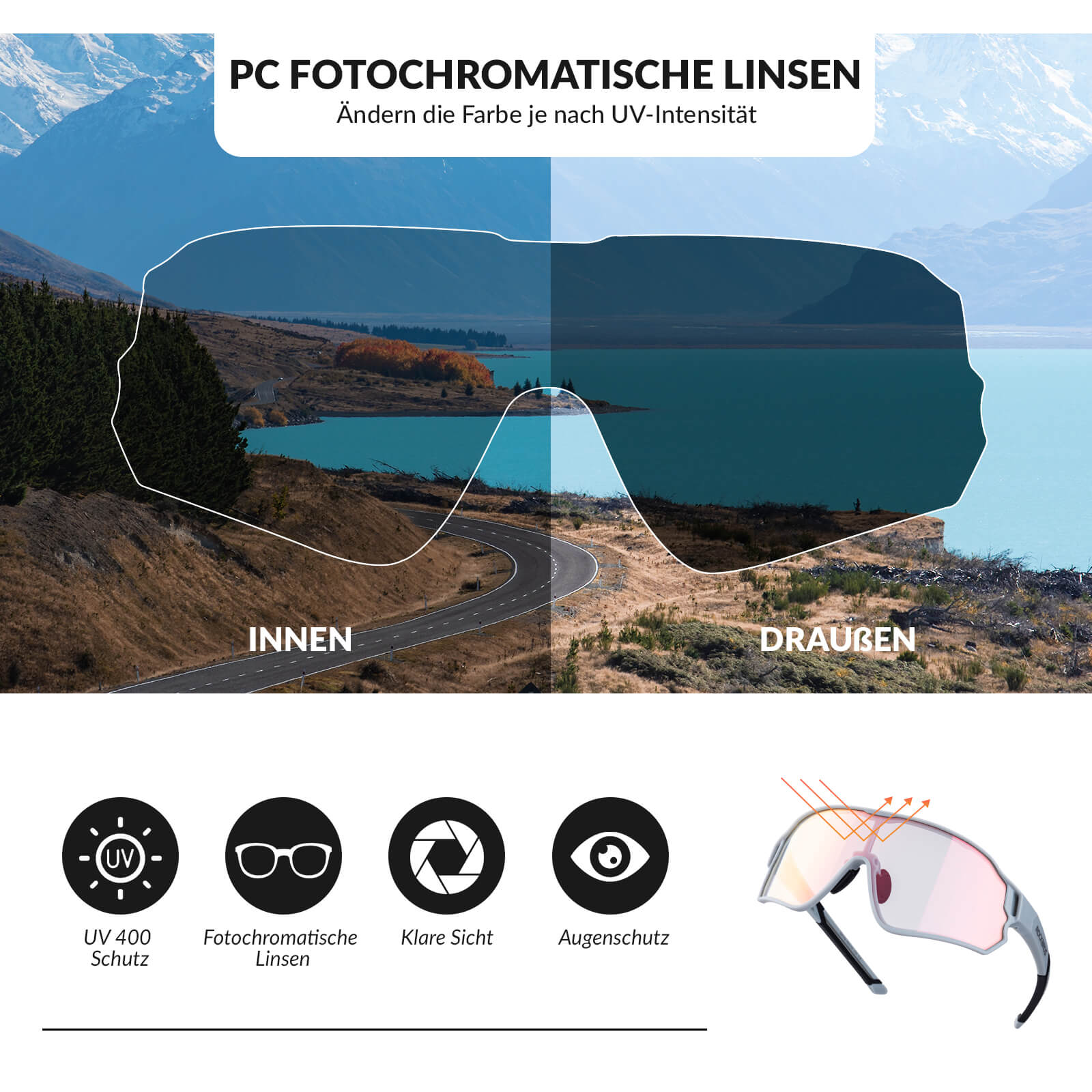 ROCKBROS Fahrradbrille Sonnenbrille Photochrom/Polarisiert UV400 Ultraleicht-Photochrome-Transparent